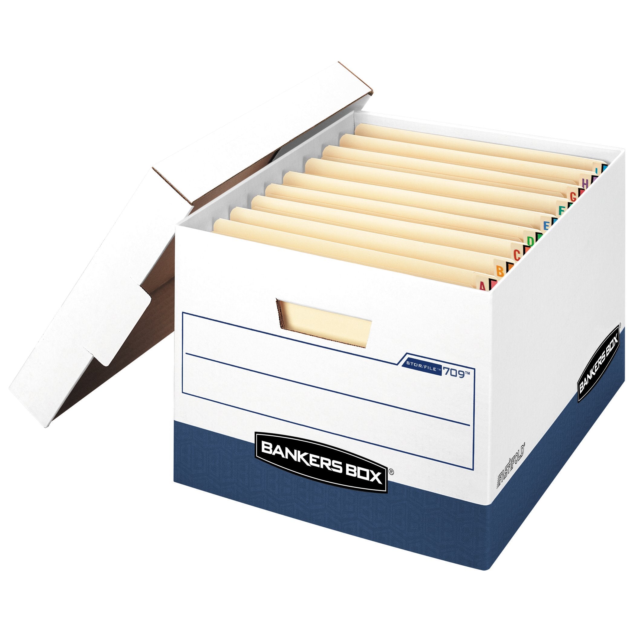 Bankers Box 12 Pack Stor/File End Tab Heavy-Duty File Storage Boxes, Fastfold, Lift-Off Lid, White/Blue