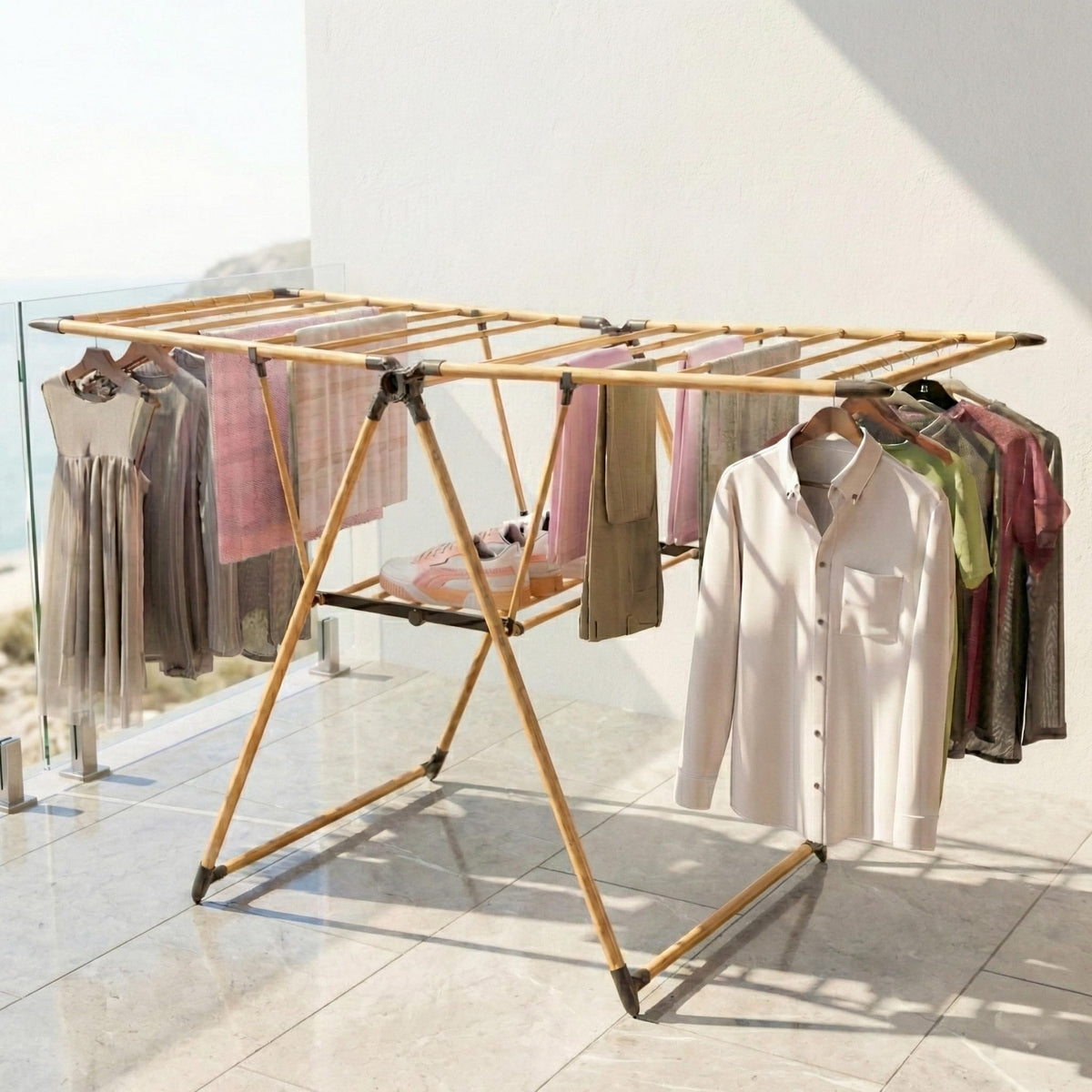 Lifelong Clothes Stand for Drying  Foldable Hanging Stand  Wooden Finish & Height Adjustable Wings 52 Ft Drying Length, Porta
