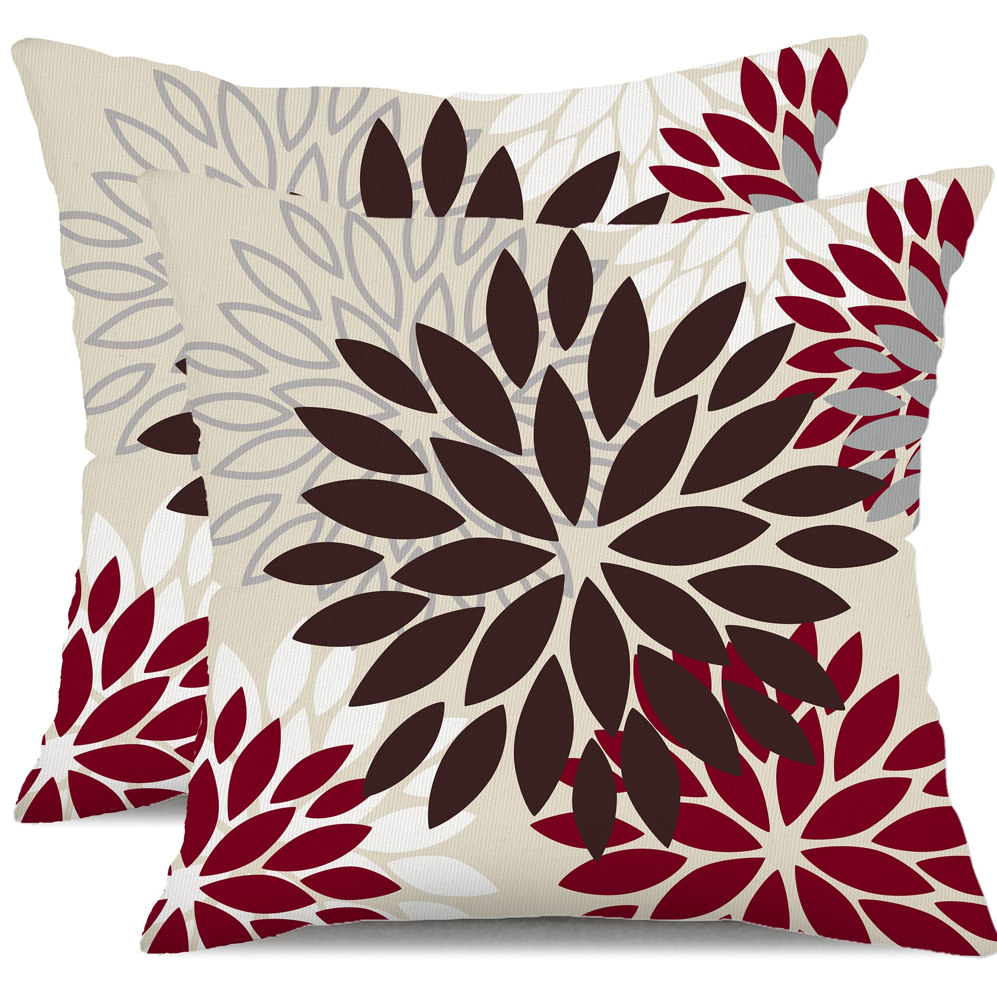 Dfxsz Red Brown Flower Pillow Covers 18X18 Inch Set Of 2 White Gray Colored Throw Pillows Outdoor Waterproof Decor For Living Ro