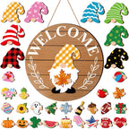 Qunclay Interchangeable Wooden Gnome Decor Holiday Seasonal Gnome Decorations with 15 Magnet Pieces and 15 Detachable Hats Gnome