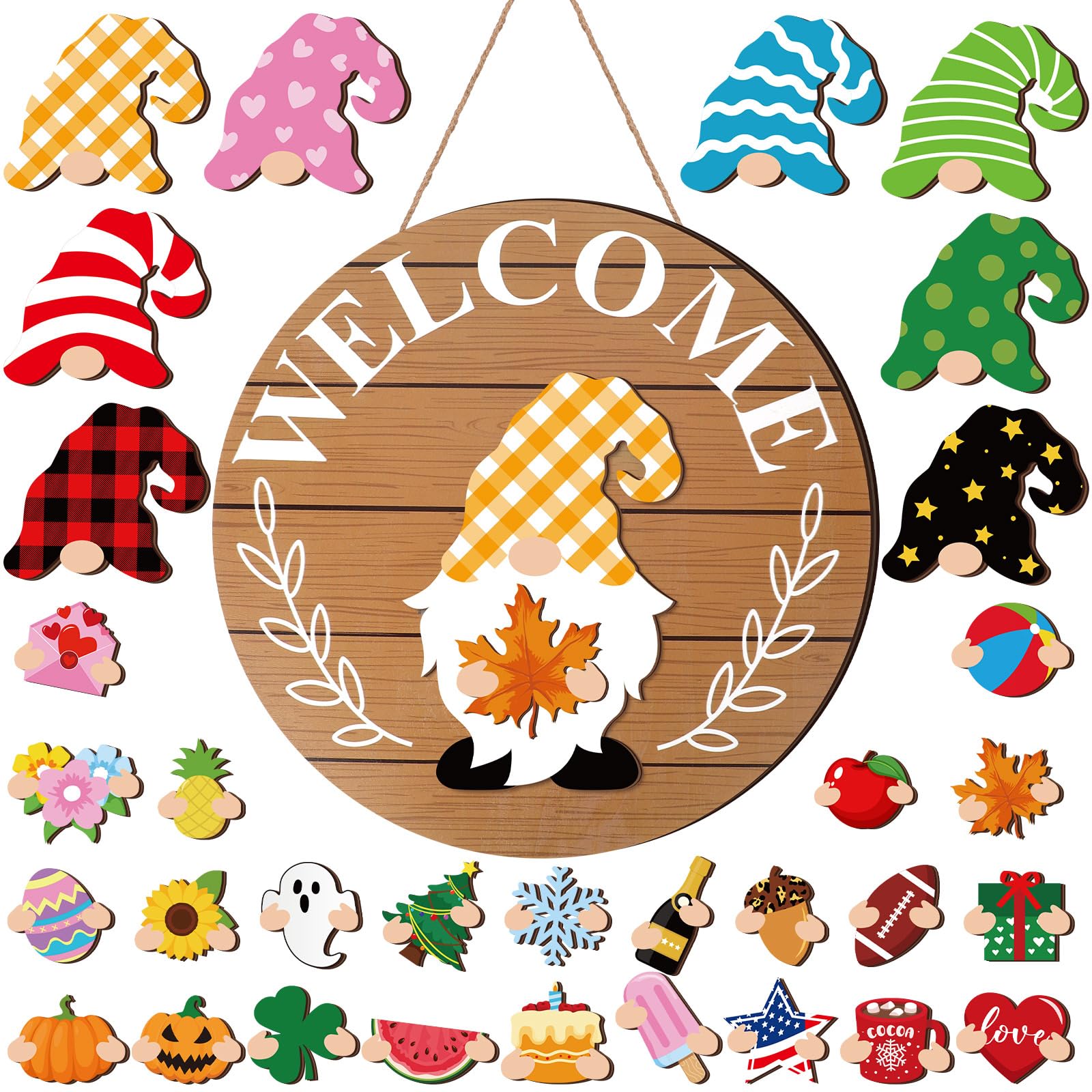 Qunclay Interchangeable Wooden Gnome Decor Holiday Seasonal Gnome Decorations with 15 Magnet Pieces and 15 Detachable Hats Gnome