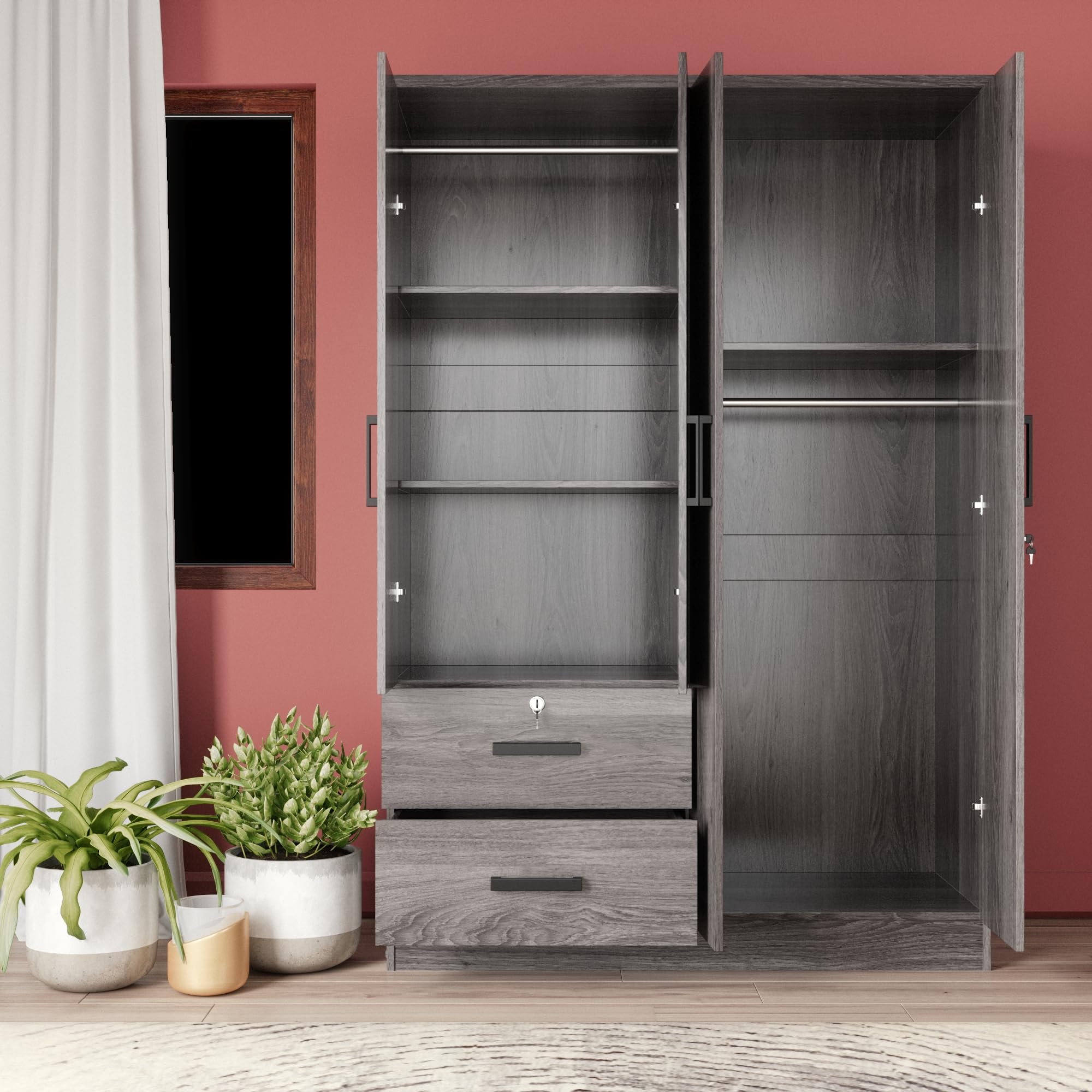 Better Home Products Luna Modern Wood 4 Doors 2 Drawers Armoire in Gray