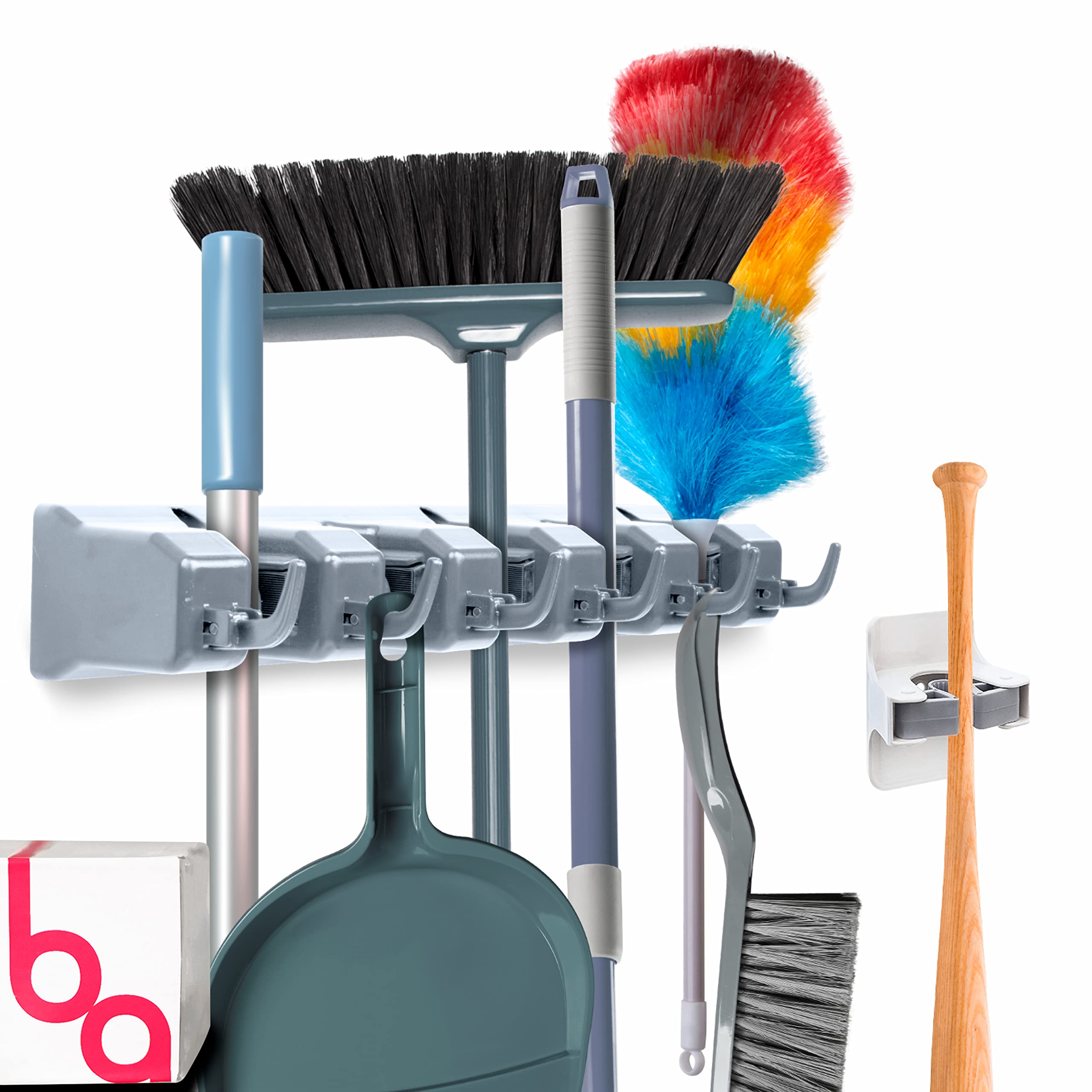 Combo 5 Slot Broom Holder w/ 1 Self Adhesive Mop Gripper No-Drilling, Wall Mount Tool Organizers For Kitchen, Garage, Laundry Ro
