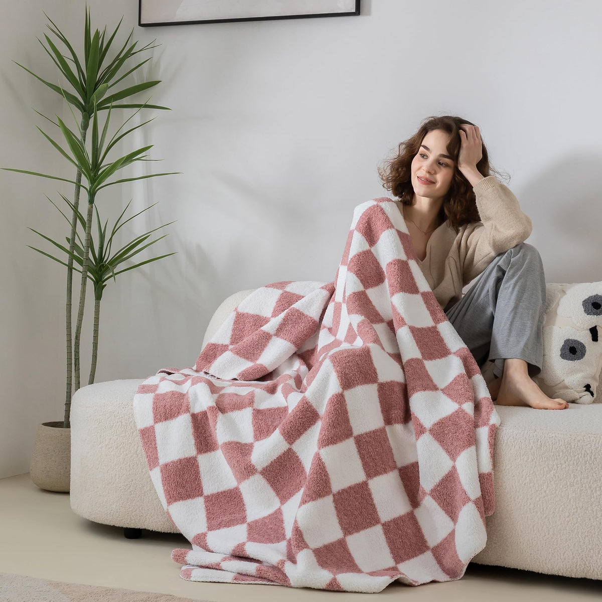 Korbliss Faux Fur Blanket For Couch,Bedroom, Bed - 3D Checkered Fleece Twin Blanket 50X70 Inches, For Women.Cute Soft Cozy Blank