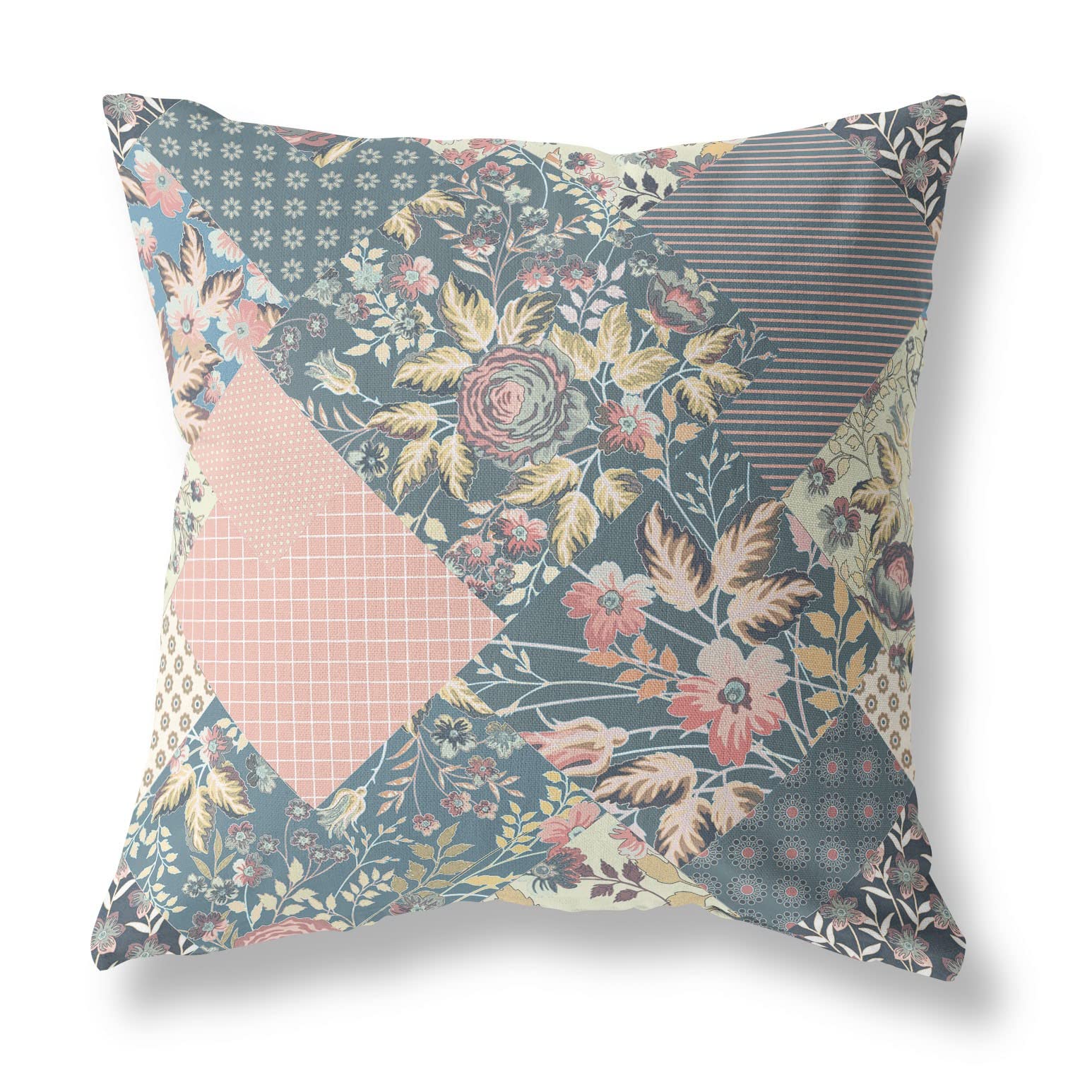 HomeRoots Dark Green Peach Broadcloth Green Peach Boho Floral Indoor Outdoor Throw Pillow