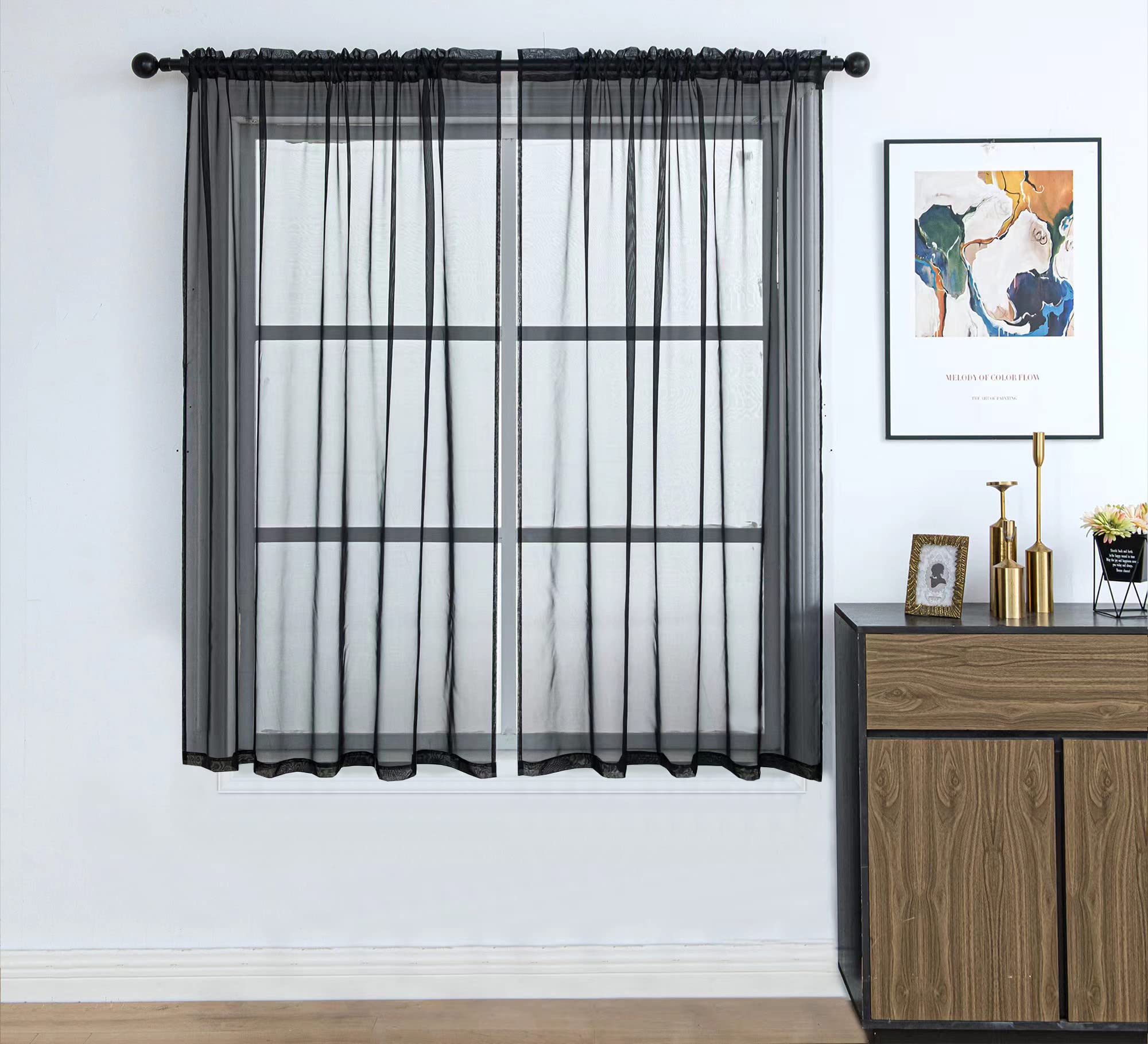 Pi Black Sheer Curtains 45 Inch Length,Voile Short Window Curtains For Kitchen/Bathroom Rod Pocket 2 Panels (Black,W52Xl45)