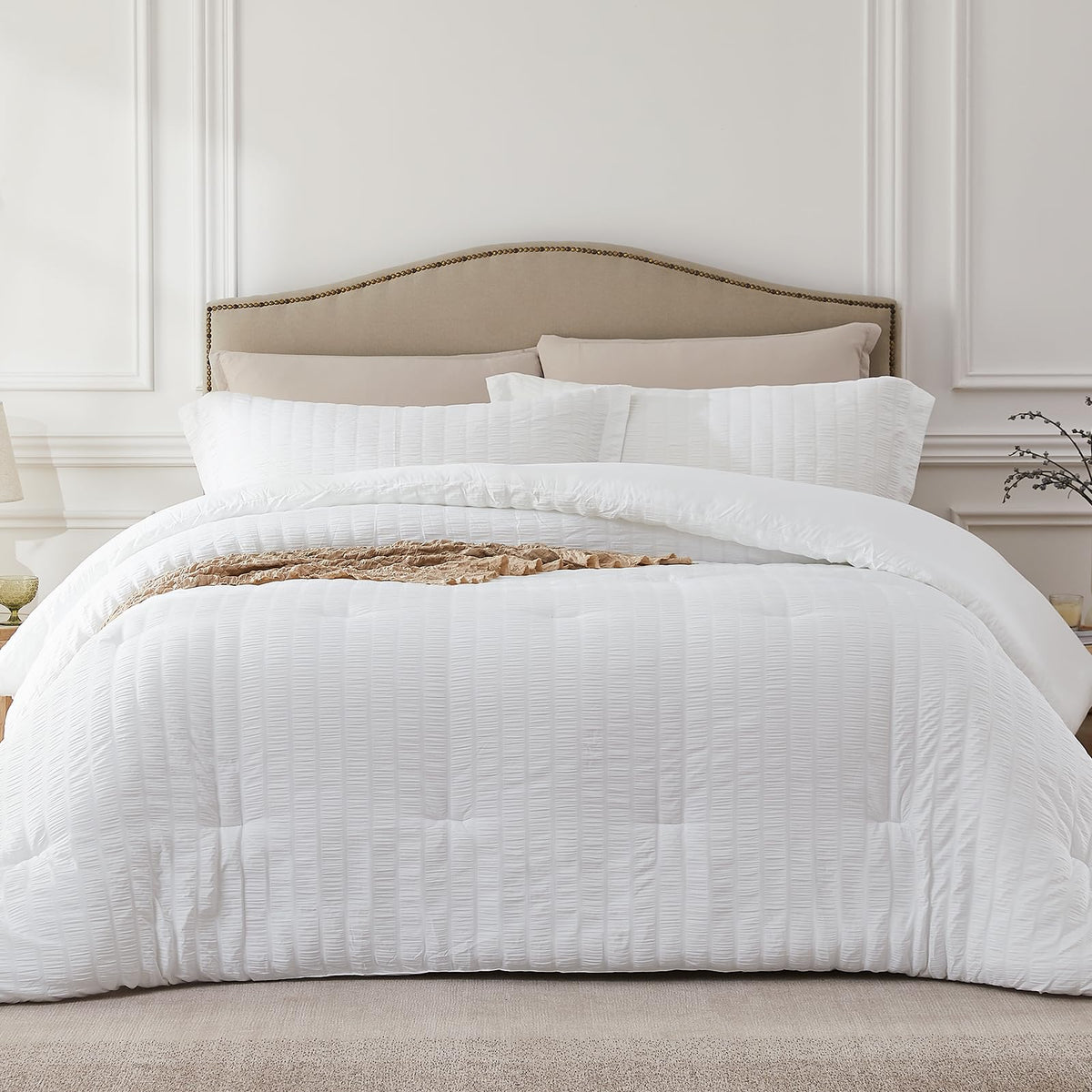 Quataly White California King Comforter Set - 3 Pieces Seersucker Lightweight Bedding Comforter Sets (1 Soft Fluffy Comforter &