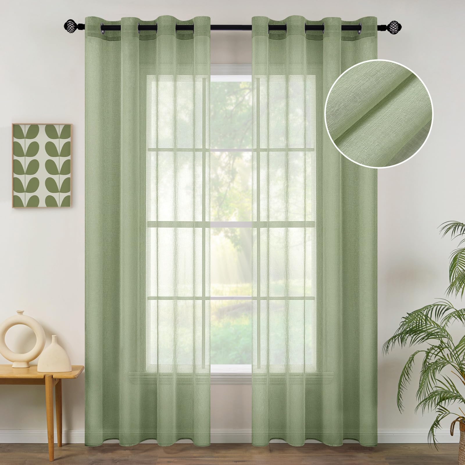 Miulee 2 Panels Sage Green Semi Sheer Window Curtains Elegant Grommet Top Window Voile Panels/Drapes/Treatment Linen Textured Light Green Panels For Bedroom Living Room (54X84 Inches)