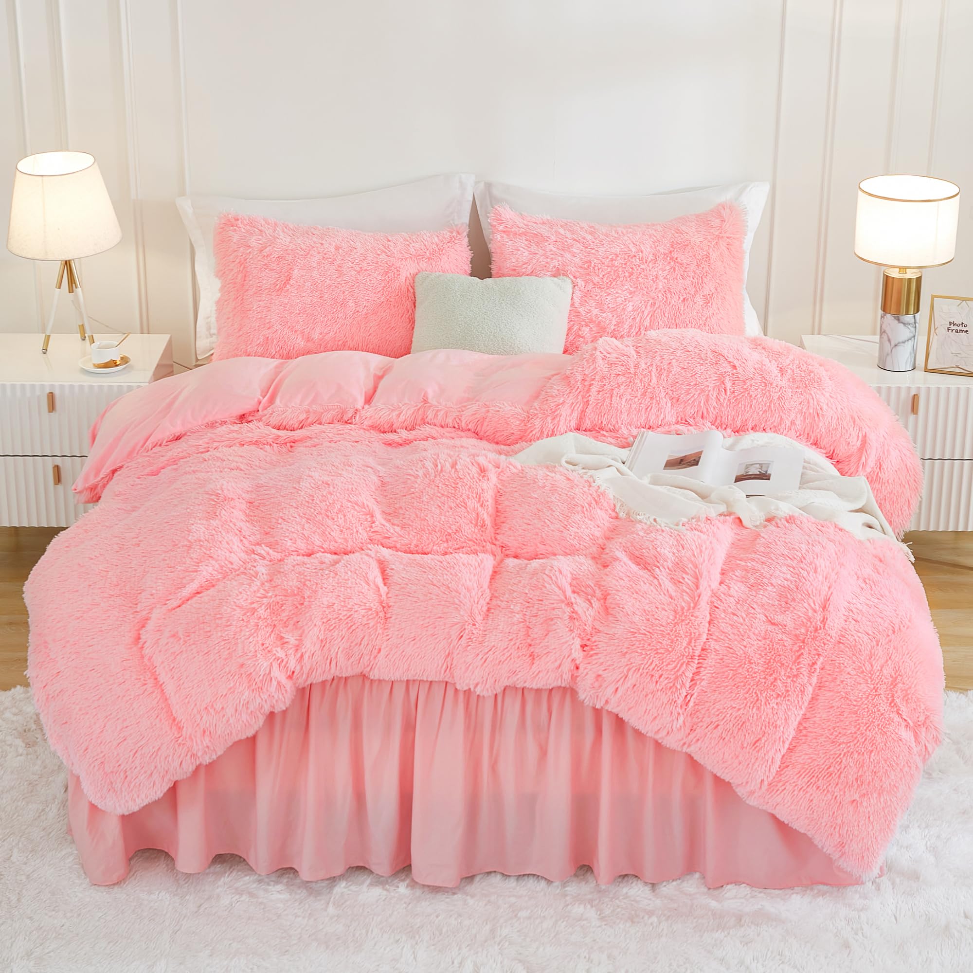 Andency Faux Fur Pink Comforter Set Full Size, 3 Pieces Fluffy Fuzzy Plush Bedding Comforter Set (1 Shaggy Velvet Comforter & 2