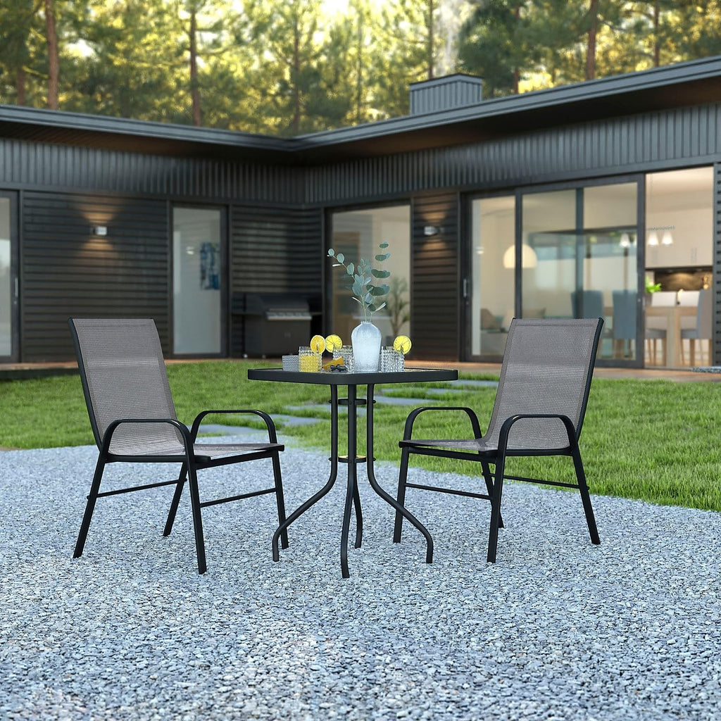 Flash Furniture 2 Flex Comfort Stack Chairs, 23.5" Square Tempered Glass Patio Table, Gray