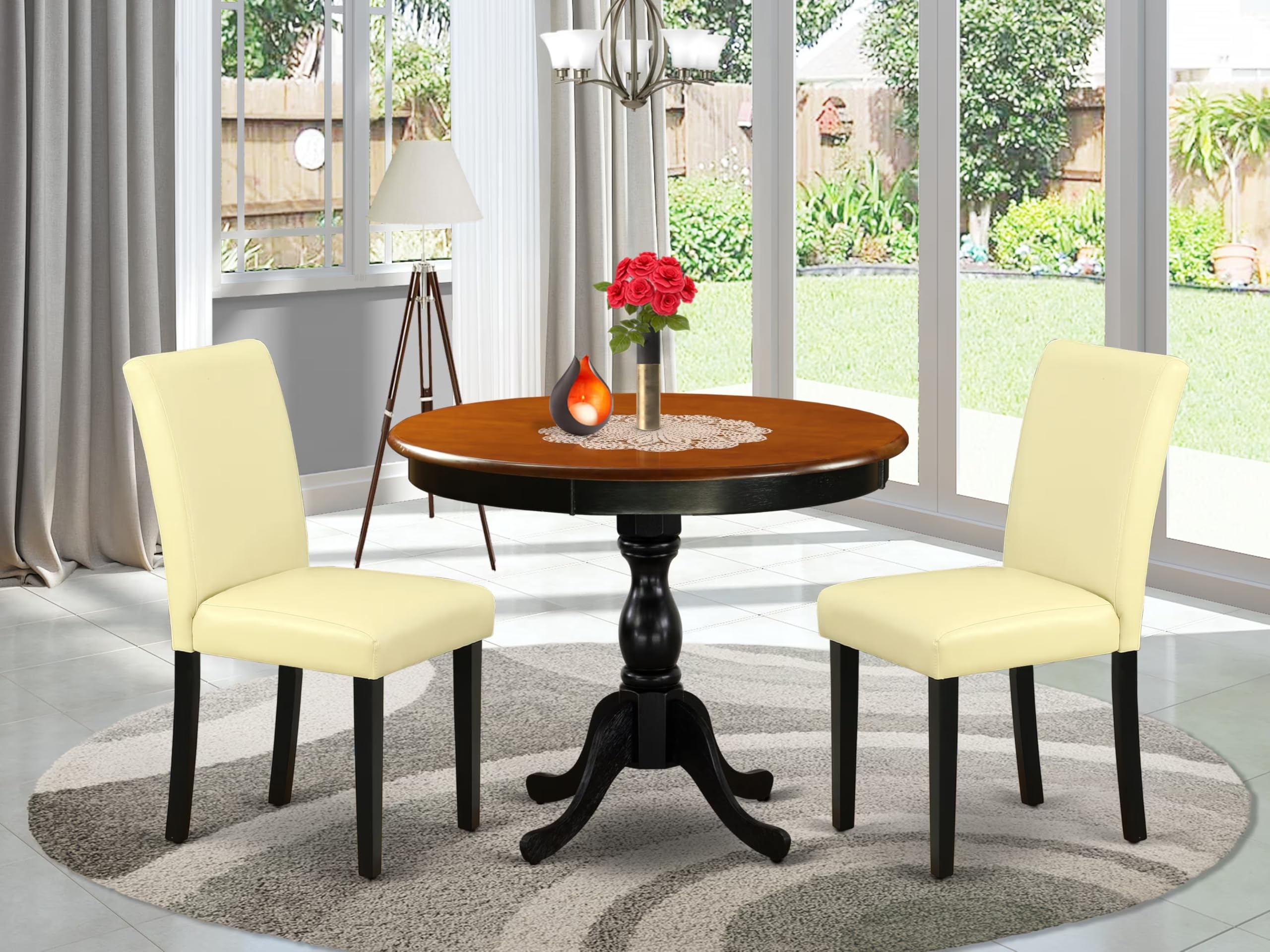 East West Furniture Amab3-Bch-73 3 Piece Kitchen Table Set Contains A Round Dining Room Table With Pedestal And 2 Eggnog Faux Leather Parson Dining Chairs, 36X36 Inch, Black & Cherry