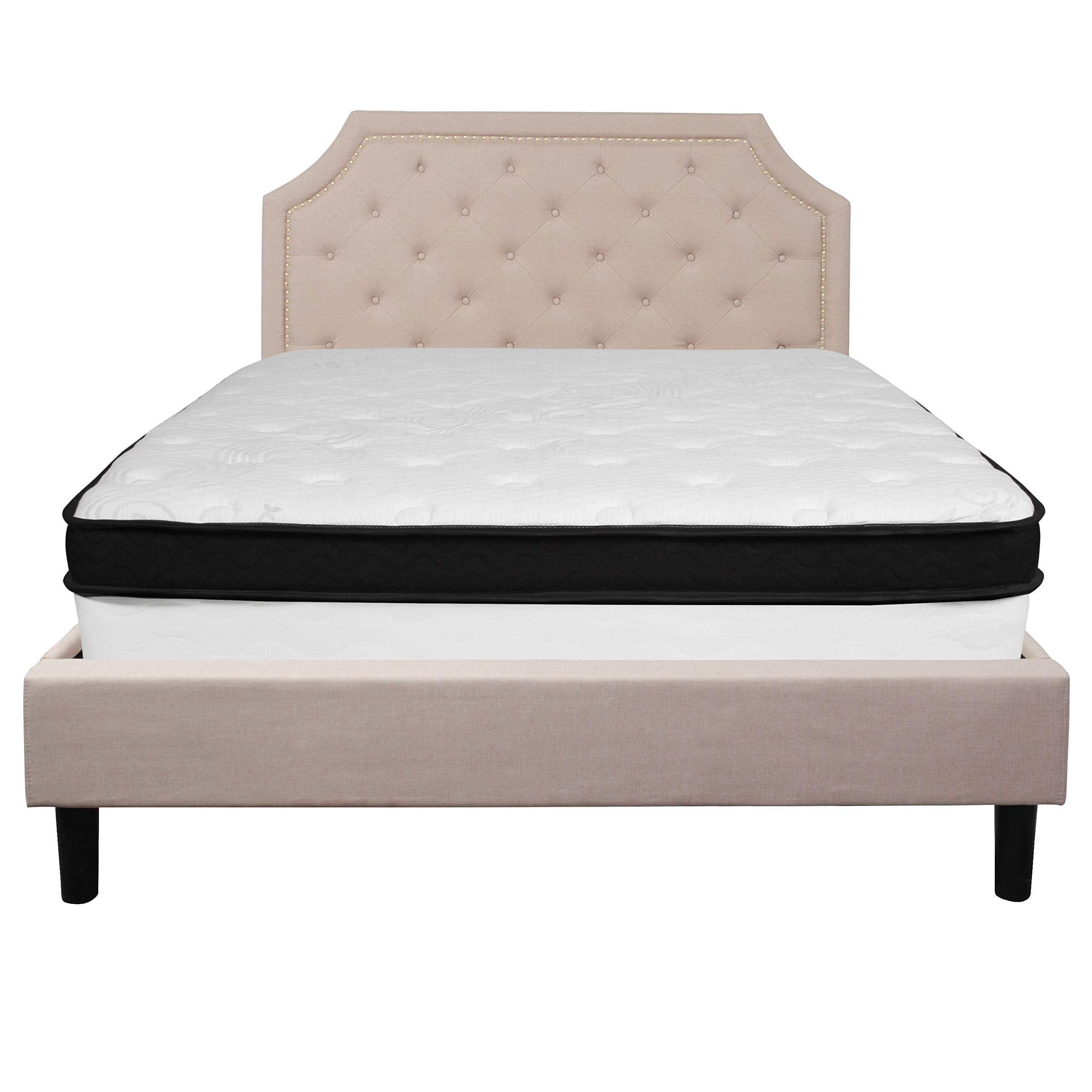 Flash Furniture Brighton Queen Size Tufted Upholstered Platform Bed In Beige Fabric With Memory Foam Mattress