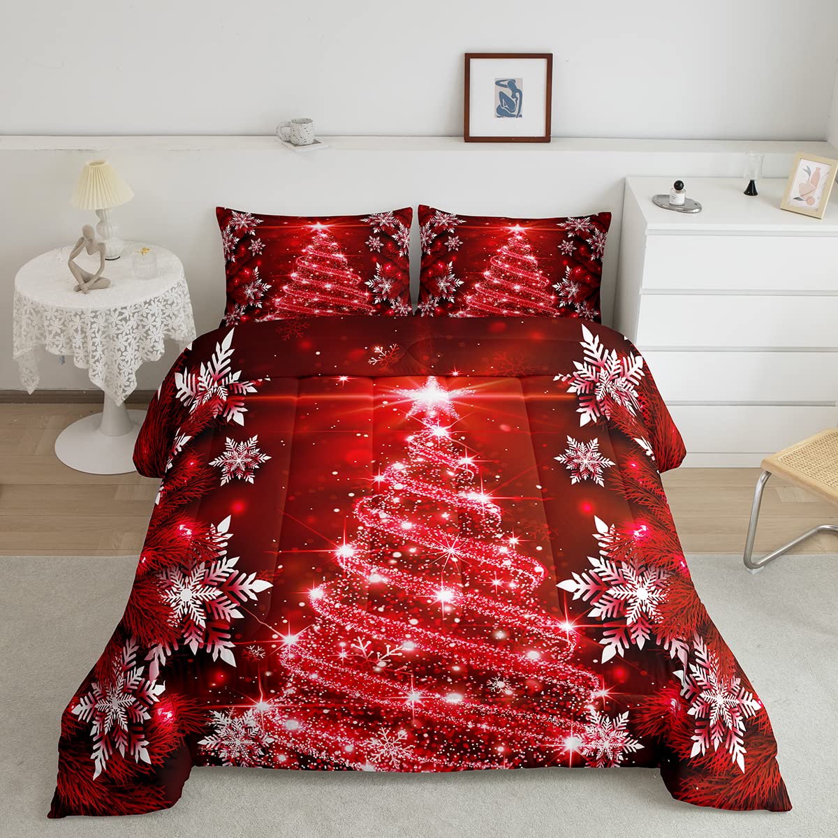 Feelyou Christmas Tree Comforter Set For Kids Boys Girls King Size Luxury Chic Xmas Bedding Set Glitter Snowflake Star Comforter