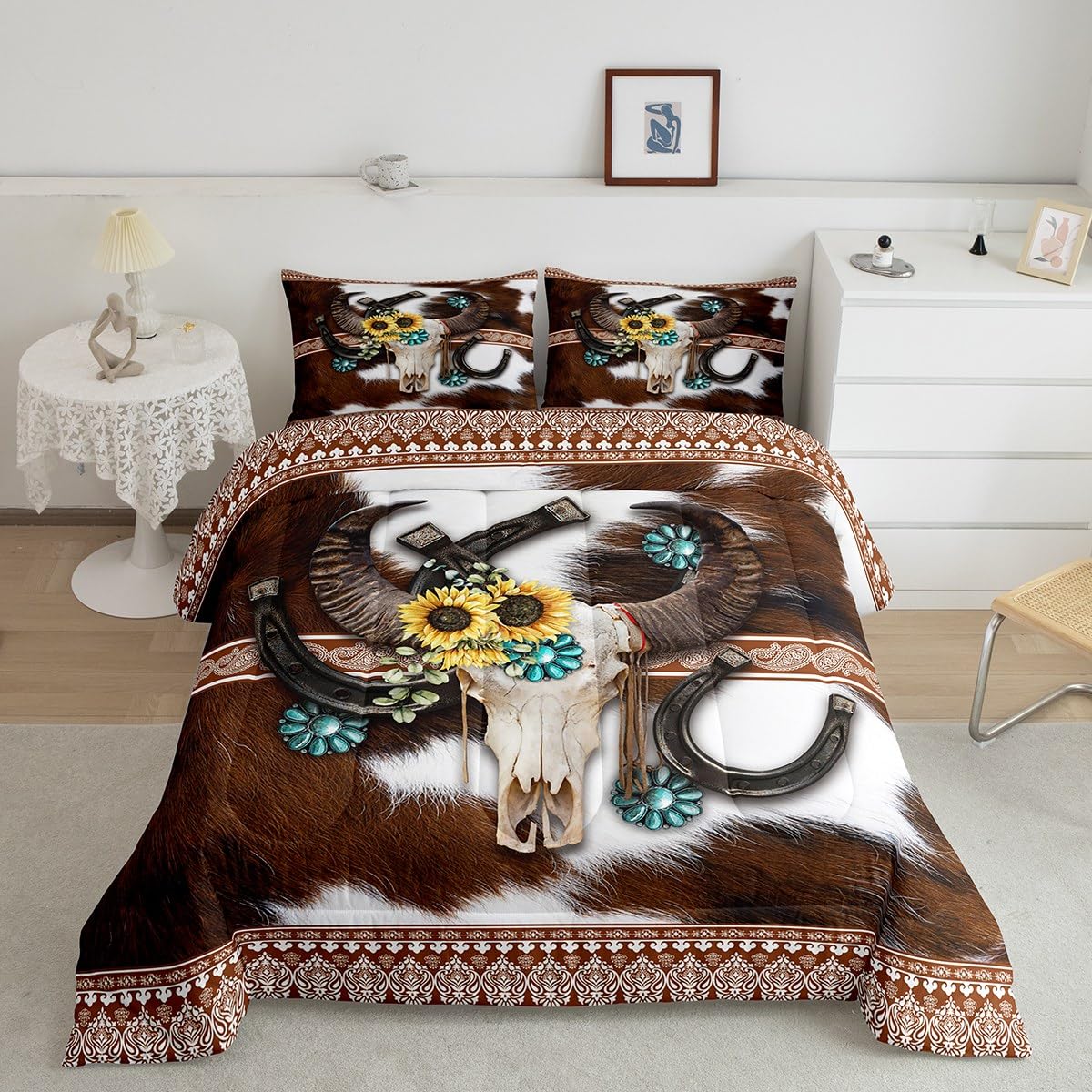 Manfei Cow Skull Kids Comforter Set King Size,Western Cowboy Horseshoes Sunflowers Bedding Set,Boys Girls Adults Room Decor,Cow