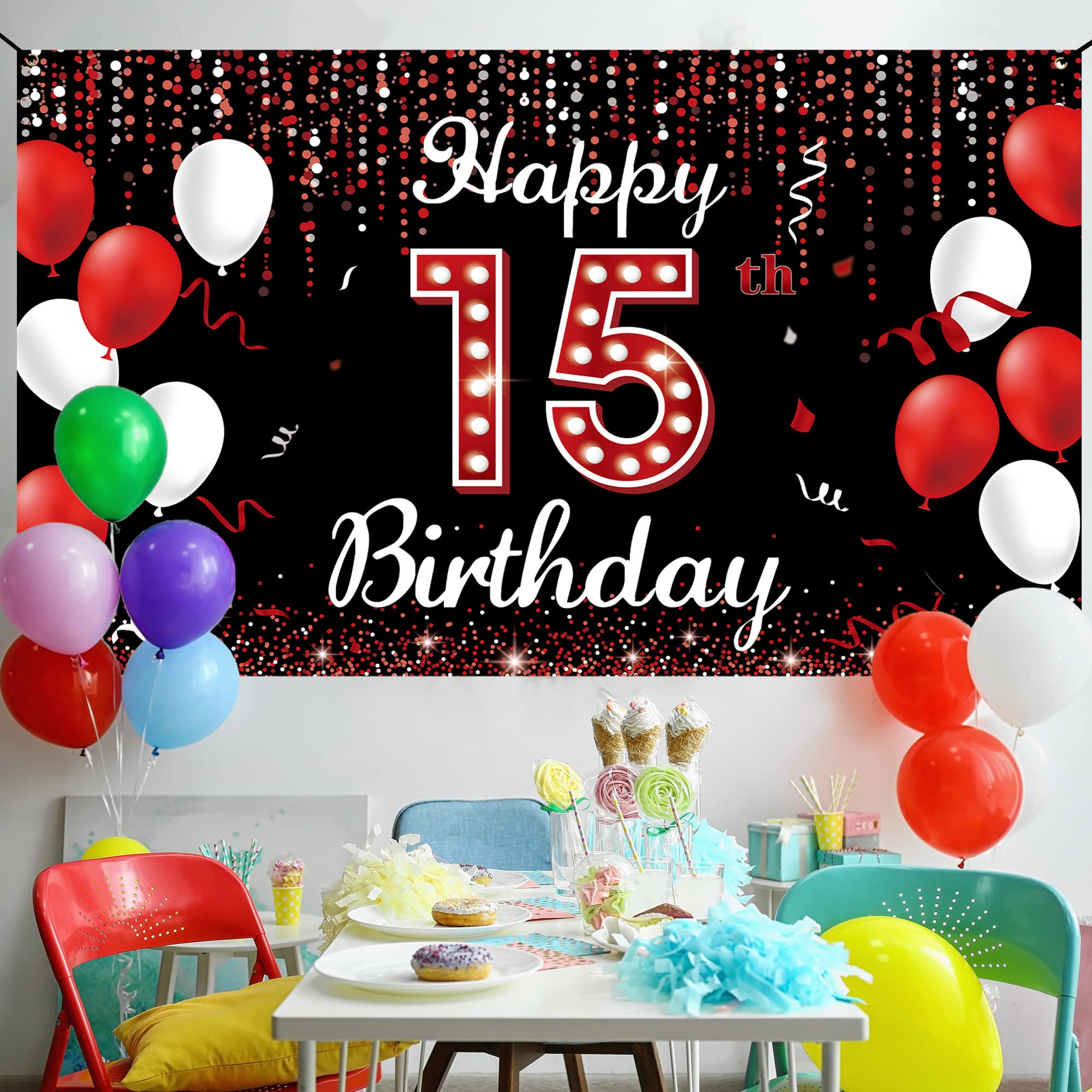 15Th Birthday Backdrop Banner, Happy 15Th Birthday Decorations For Girls, Red Black 15 Year Old Birthday Party Photo Booth Props