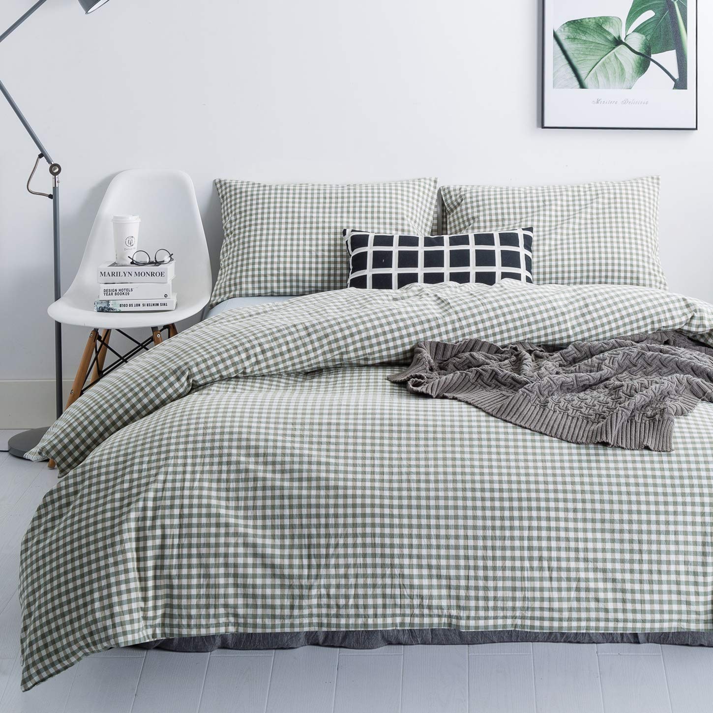 Susybao Green Gingham Duvet Cover King Size 100% Washed Cotton Grid Duvet Cover Set 3 Pieces 1 Green Plaid Duvet Cover With Zipp