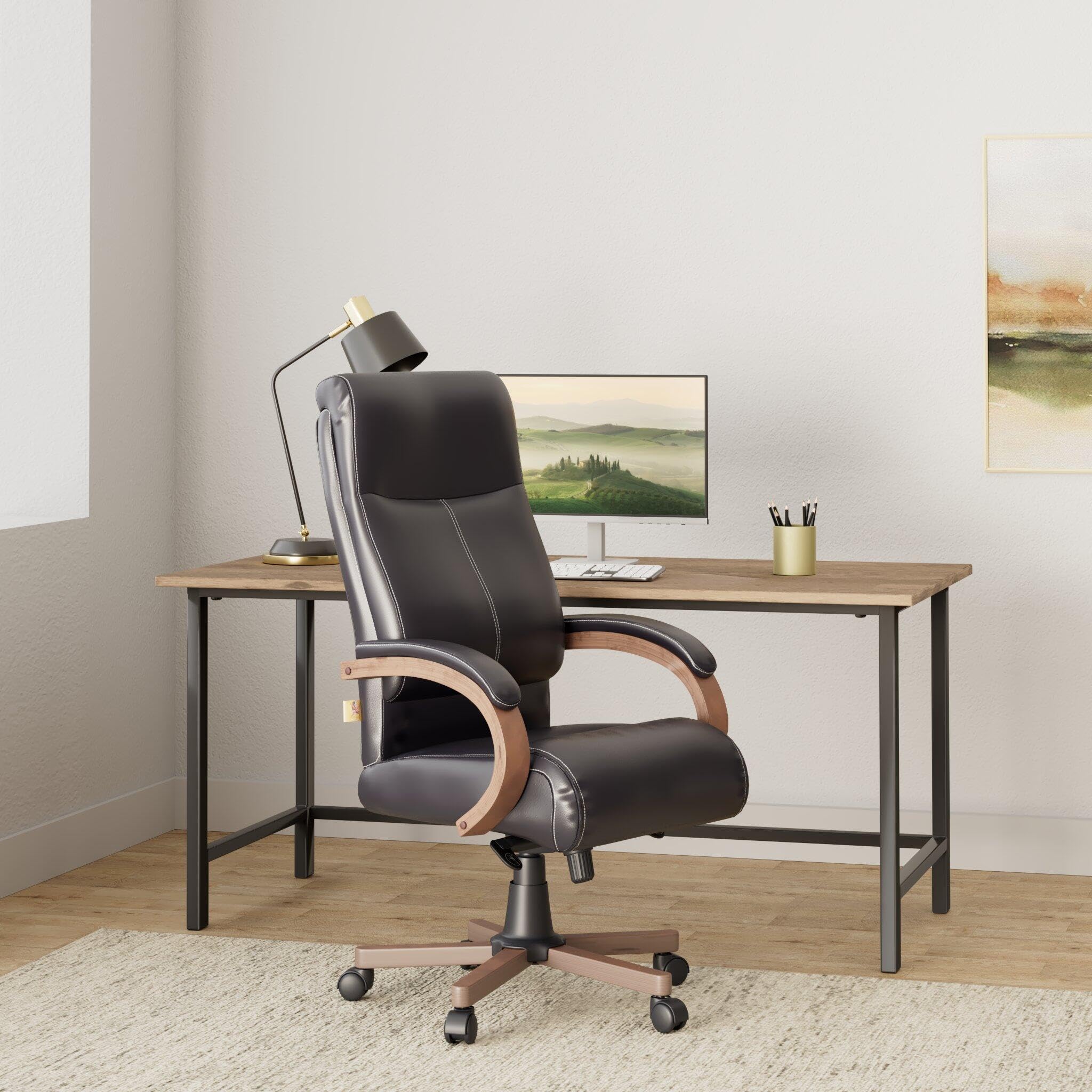 Lorell Wood Base Leather High-Back Executive Chair