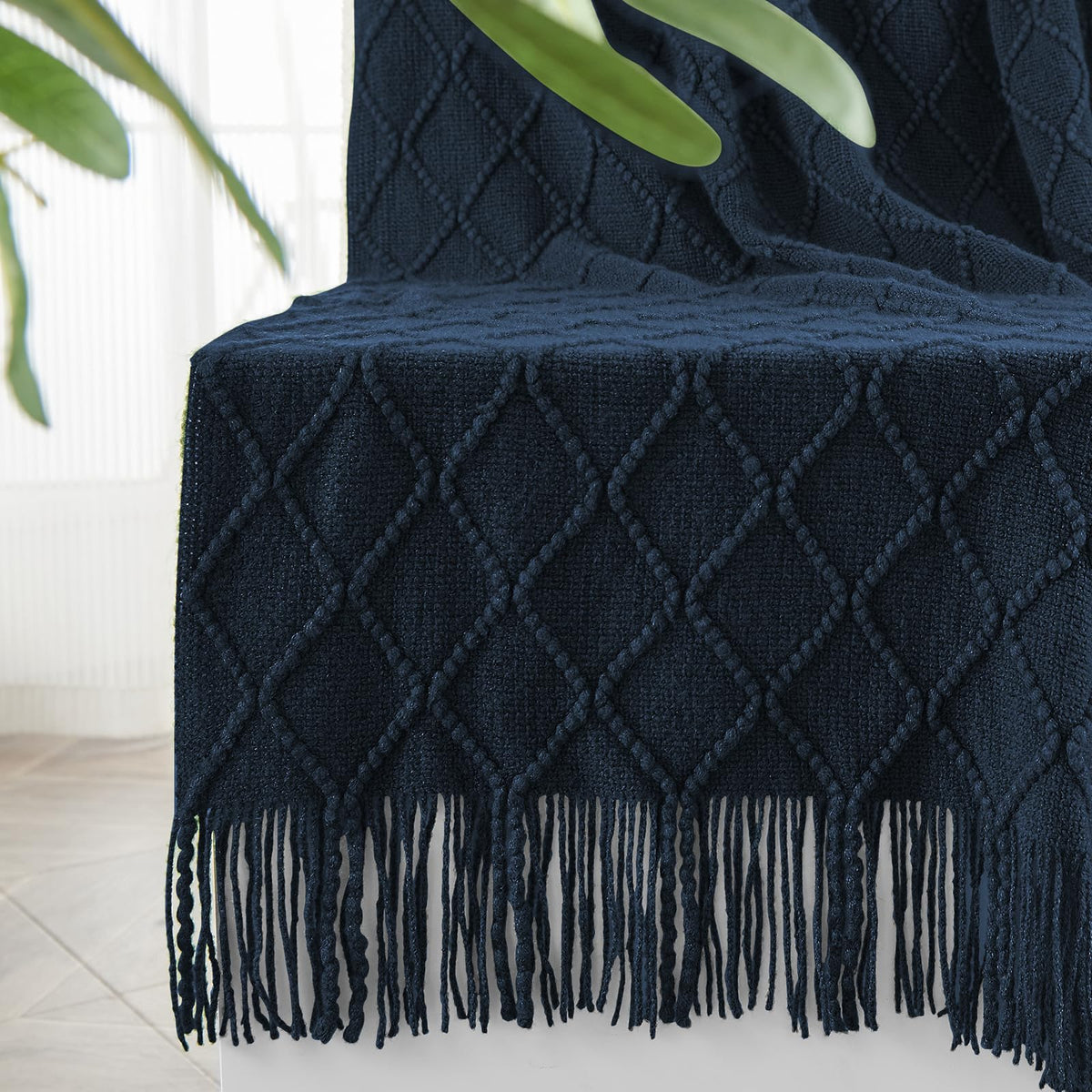Inhand Knitted Throw Blankets For Couch And Bed, Soft Cozy Knit Blanket With Tassel, Dark Blue Lightweight Decorative Blankets A