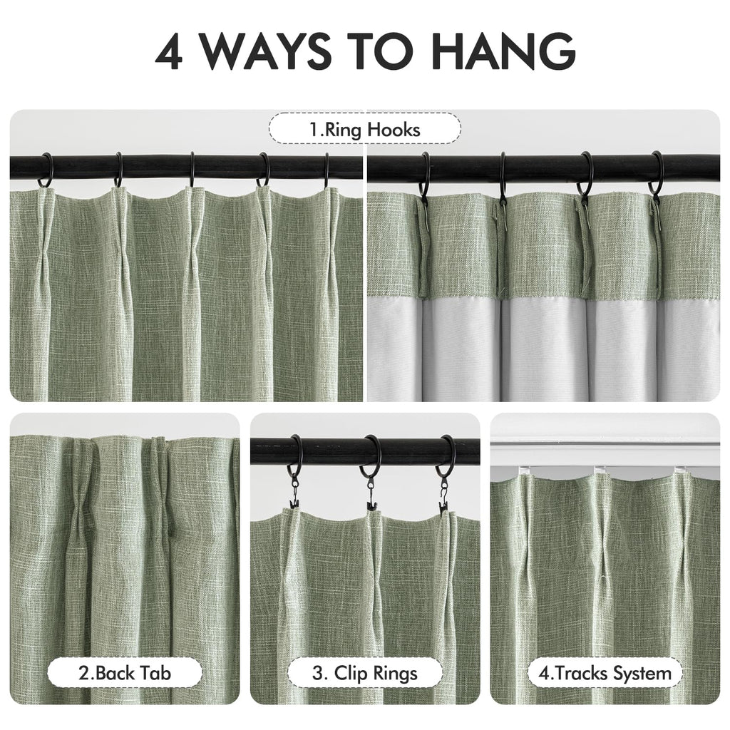 Miulee Sage Green Pinch Pleated 100% Blackout Linen Curtains For Bedroom, Room Darkening Light Blocking Window Curtains 84 Inche
