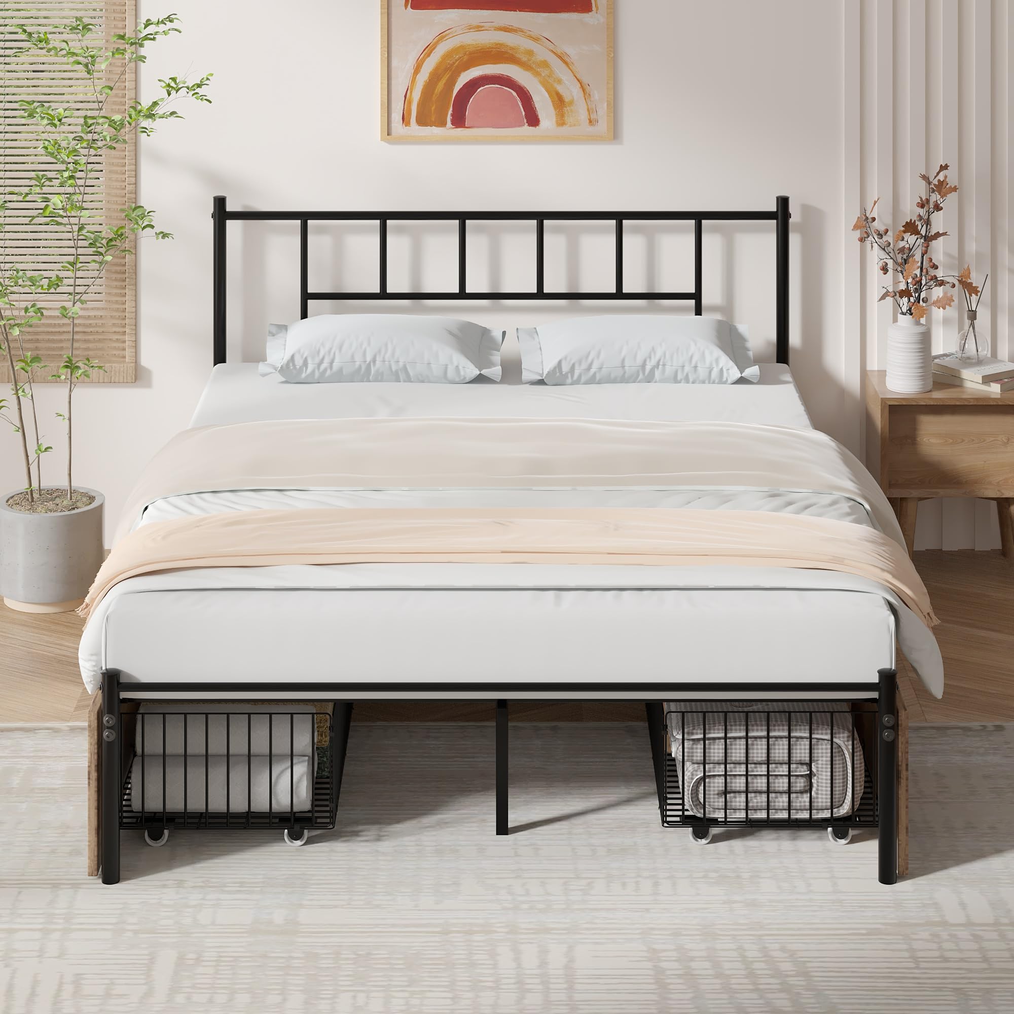 Vecelo Full Size Metal Platform Bed Frame With Headboard & 4 Storage Drawers, Heavy Duty Steel Slat Support, No Box Spring Needed, Easy Assembly
