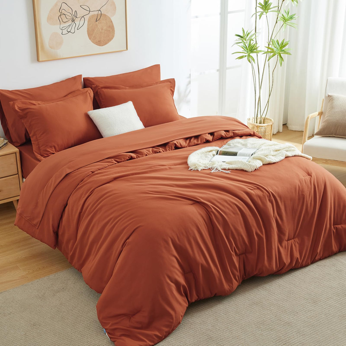 Cozylux King Comforter Set Burnt Orange, 7 Pieces Bed In A Bag Terracotta Comforter Set With Sheets, All Season Boho 7Pc Bed Sets With Comforter, Fitted Sheet, Flat Sheet, Pillow Shams And Pillowcases