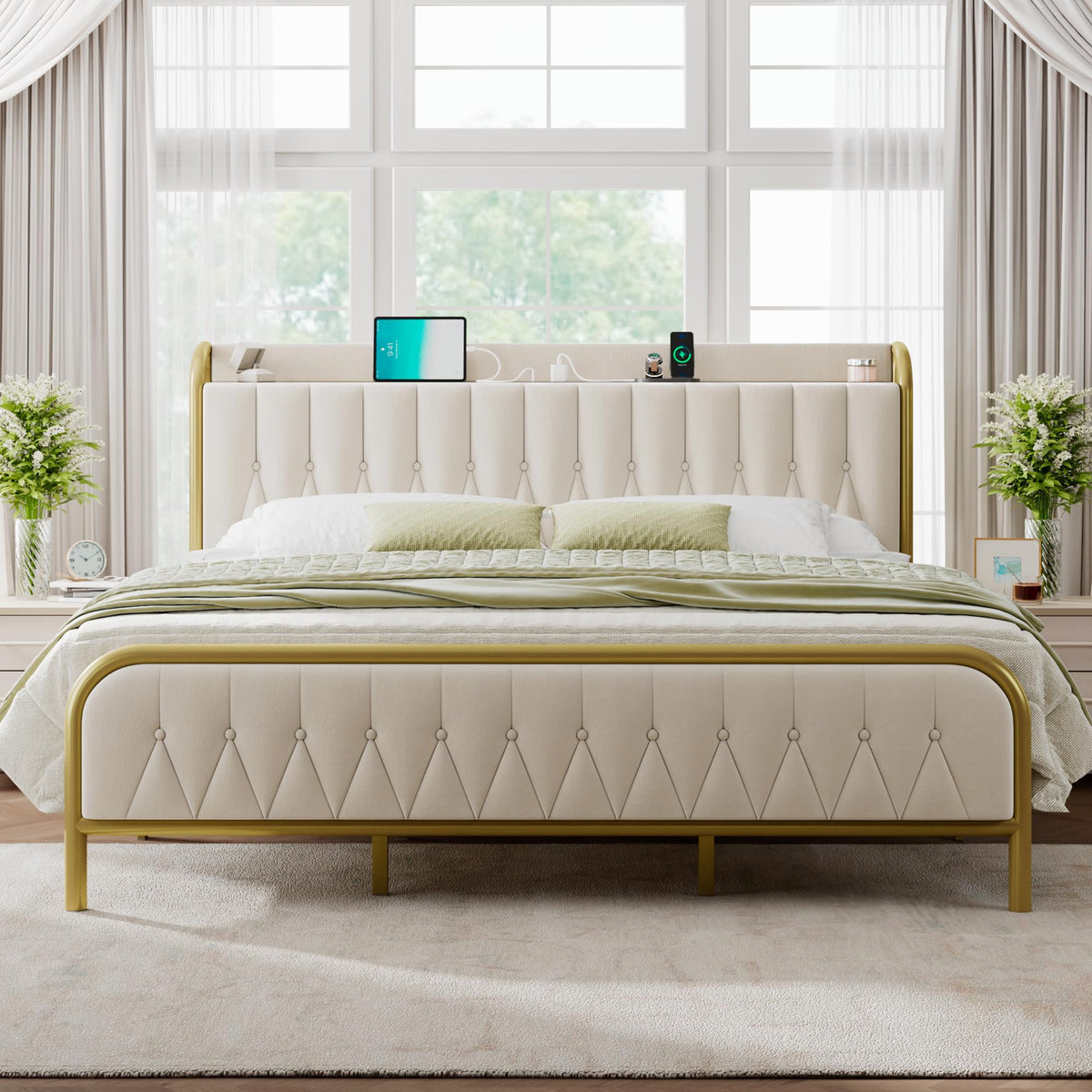 Feonase Velvet King Size Bed Frame With Fast Charging Station,Metal Platform King Beds With Upholstered Headboard & Footboard,12' Underbed Storage Space,Easy Assembly,Noise-Free,Beige