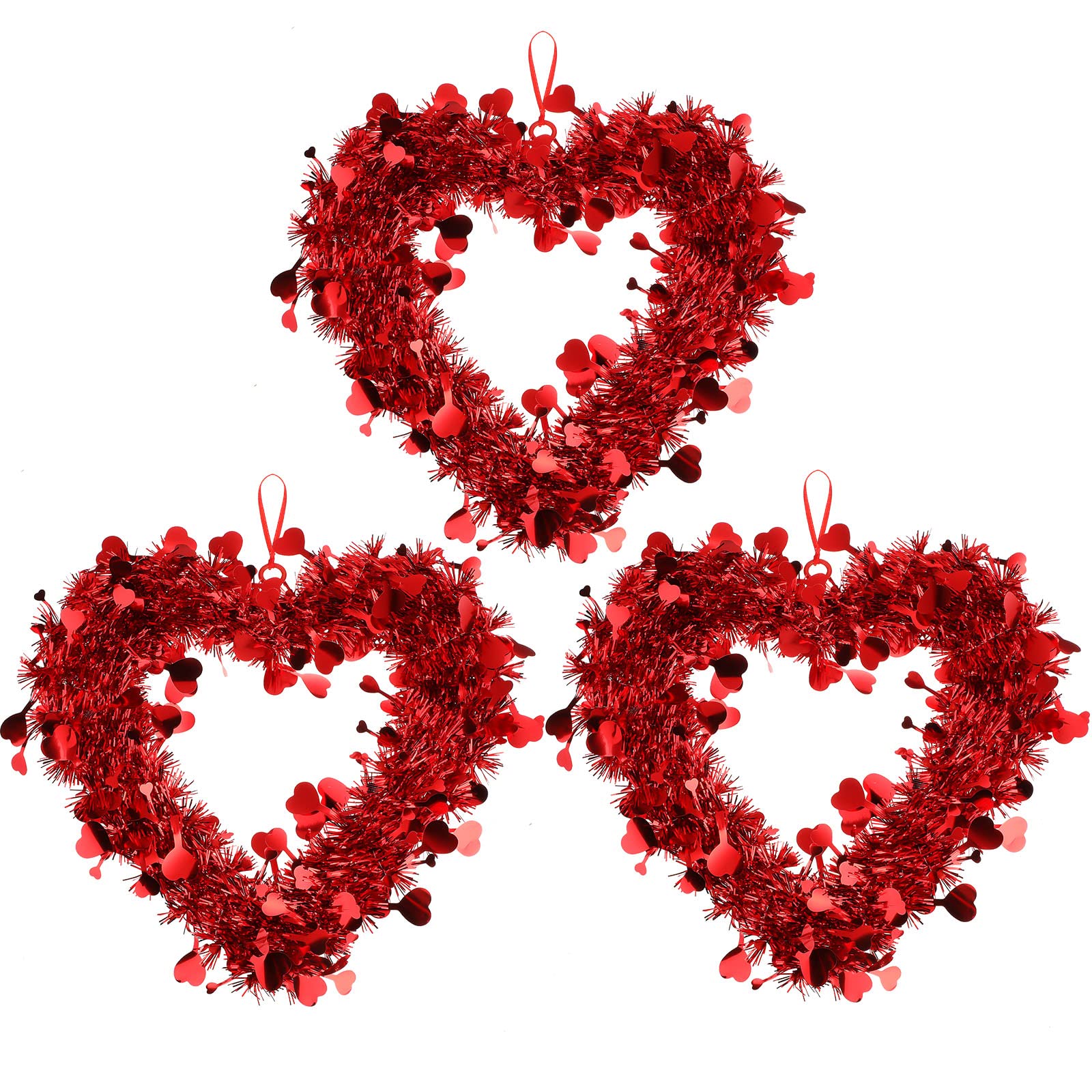 Chuangdi 3 Pieces Valentine Heart Shaped Wreaths Red Tinsel Heart Shaped Wreaths with Foil Hearts Love Hanging for Valentines D