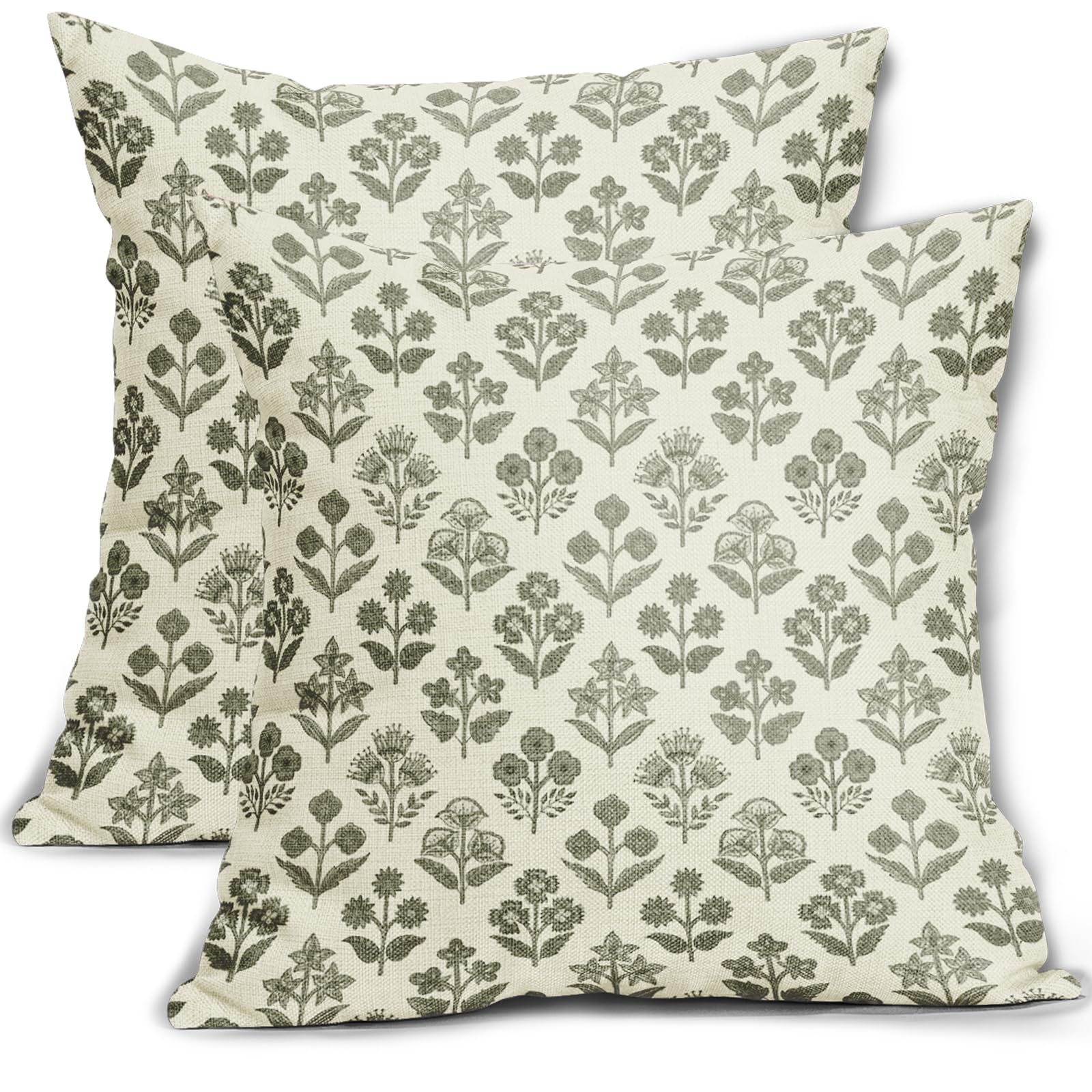 Olive Green Floral Pillow Covers 18X18 Inch Set Of 2, Vintage Flower Block Print Pattern Decorative Throw Pillowcases Outdoor Fa