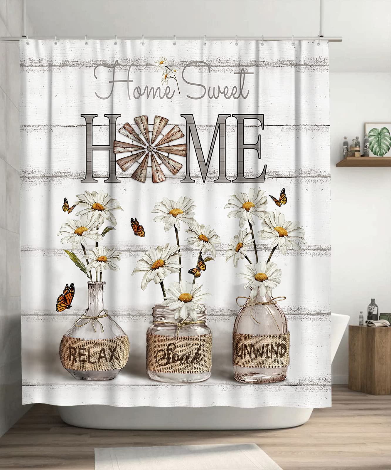 Tijuboni Farmhouse Daisy Shower Curtain White Flower Shower Curtains For Neutral Country Floral Bathroom Decor Rustic Shower Cur