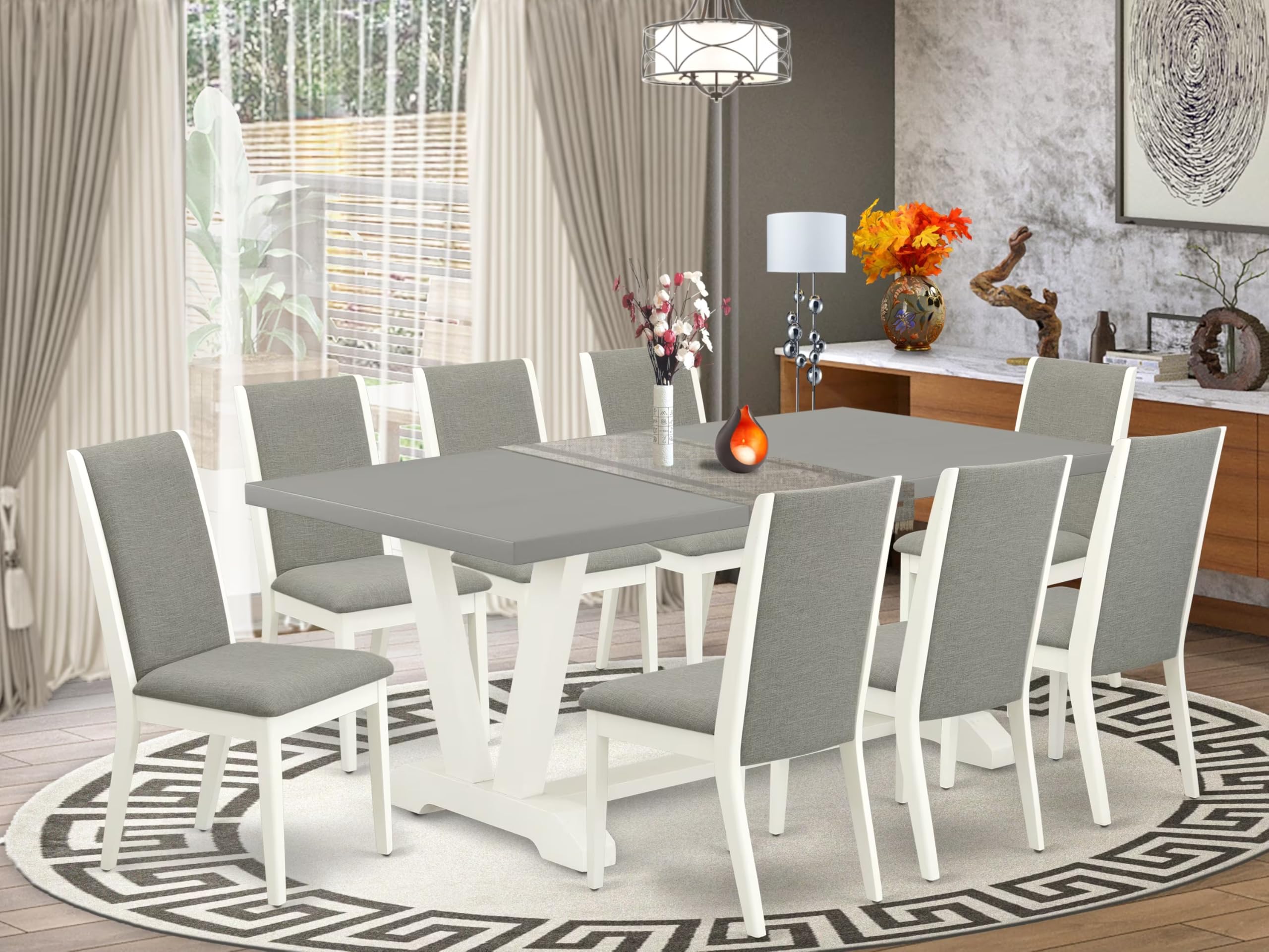 East West Furniture V097La206-9 9 Piece Dining Set Includes A Rectangle Dining Room Table With V-Legs And 8 Shitake Linen Fabric Upholstered Parson Chairs, 40X72 Inch, Multi-Color