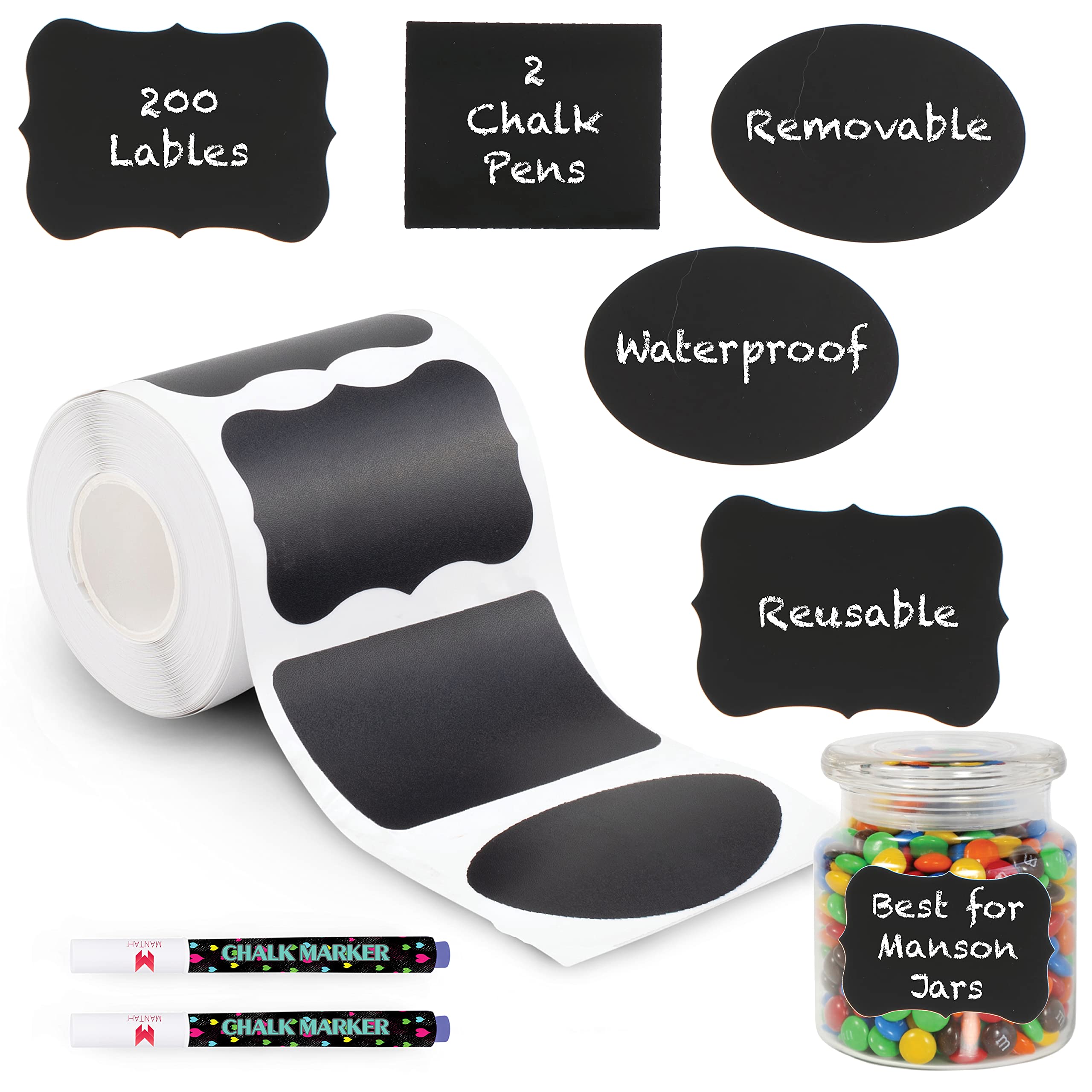 Mantah Multiple Shapes Chalkboard Labels 200Pcs With 2 White Chalk Marker, Reusable Waterproof Chalk Label For Storage Bin, Labe