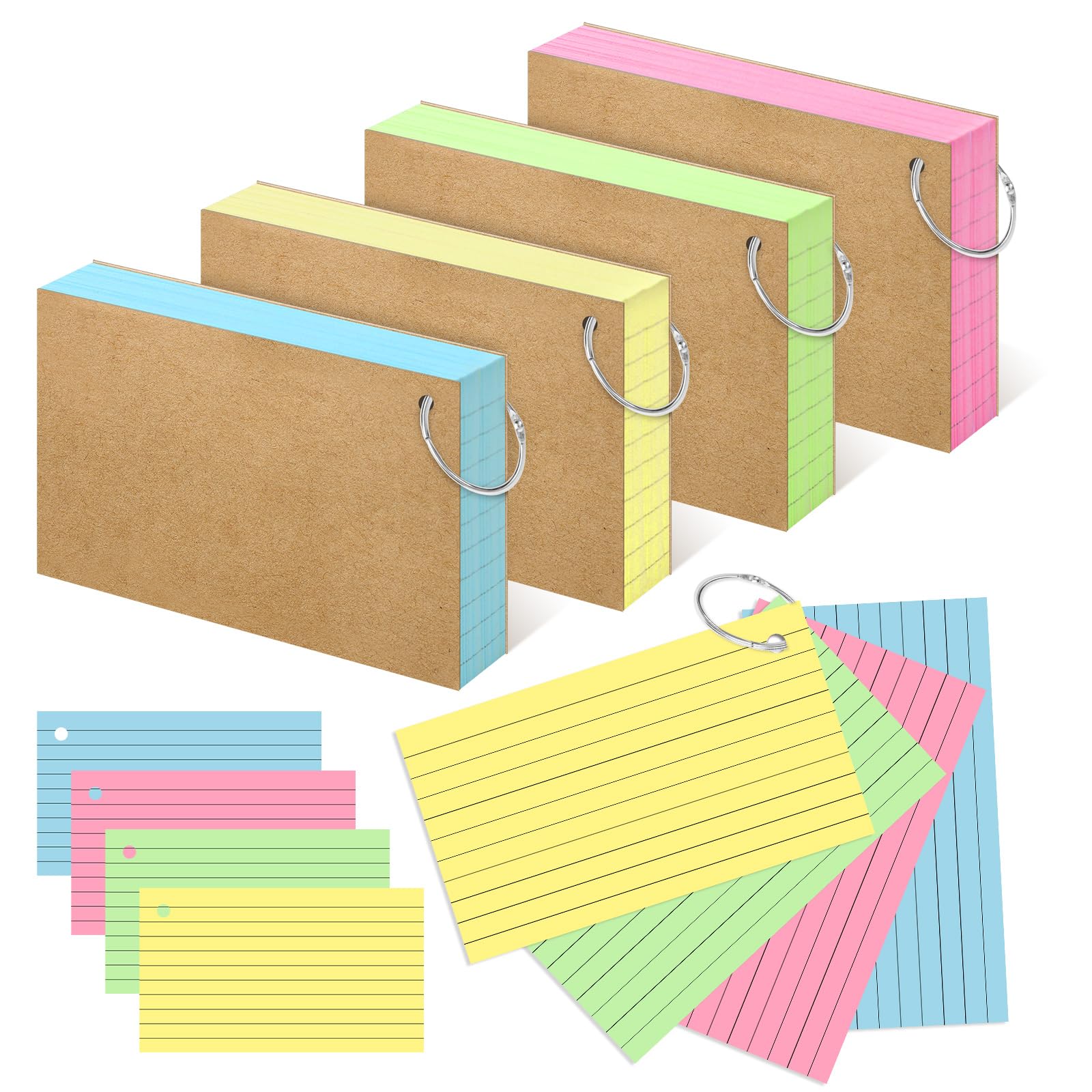 Yaguao Colored Index Cards 3X5 Inches Flash Cards With Ring Lined Flashcards Note Cards For Studying, 200 Count