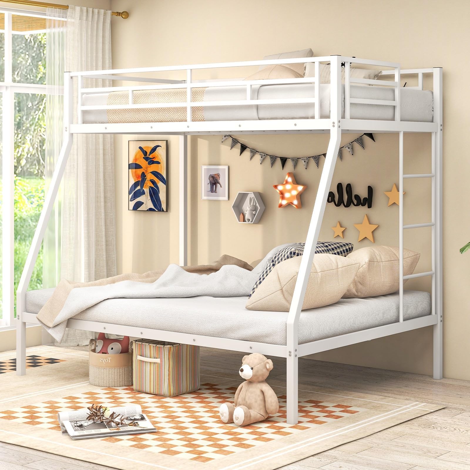 Giantex Bunk Bed Twin Over Full Size, Metal Bunk Bed With Ladder And Steel Frame Support, Space-Saving Triple Bunk Bed For Boys Girls Adults, Noise Free, No Box Spring Needed, White