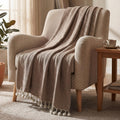 HOKIPO Caramel Clay Knitted Cotton Sofa Throw 50x60 Inches with Decorative Pom Pom Tassels for Elegant Living Room Sofa Bed, Cha