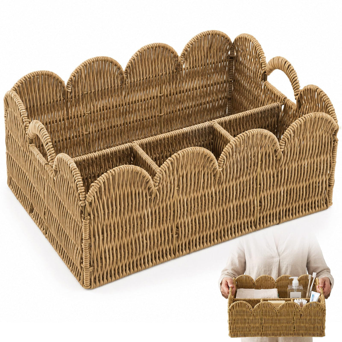 Acellegic Scalloped Wicker Basket, 4section, Tan, Plastic Rattan