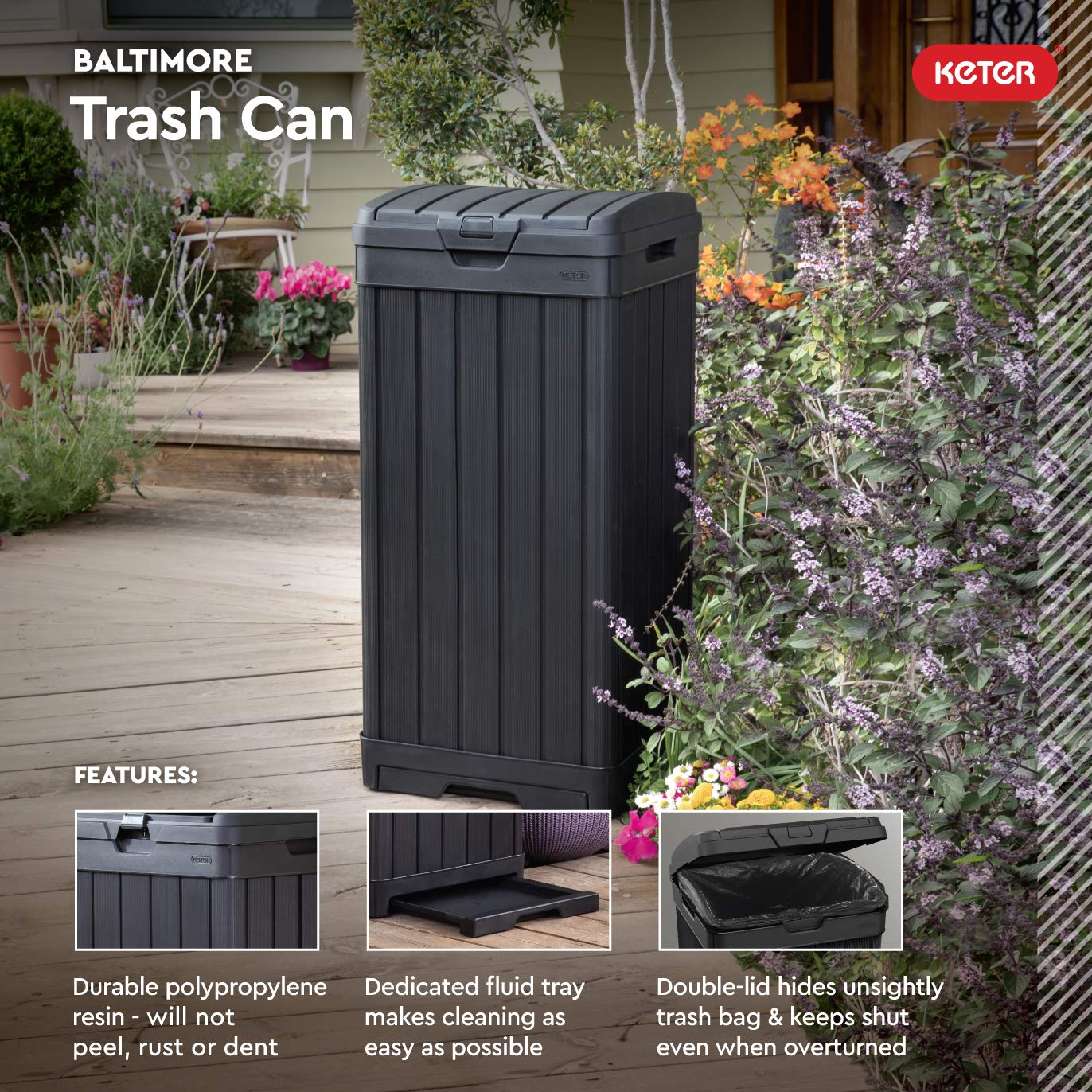 Keter Baltimore Resin 38 Gallon Outdoor Kitchen Trash Can With Lid And Drip Tray For Easy Cleaning-Perfect For Patio Dining, Bla