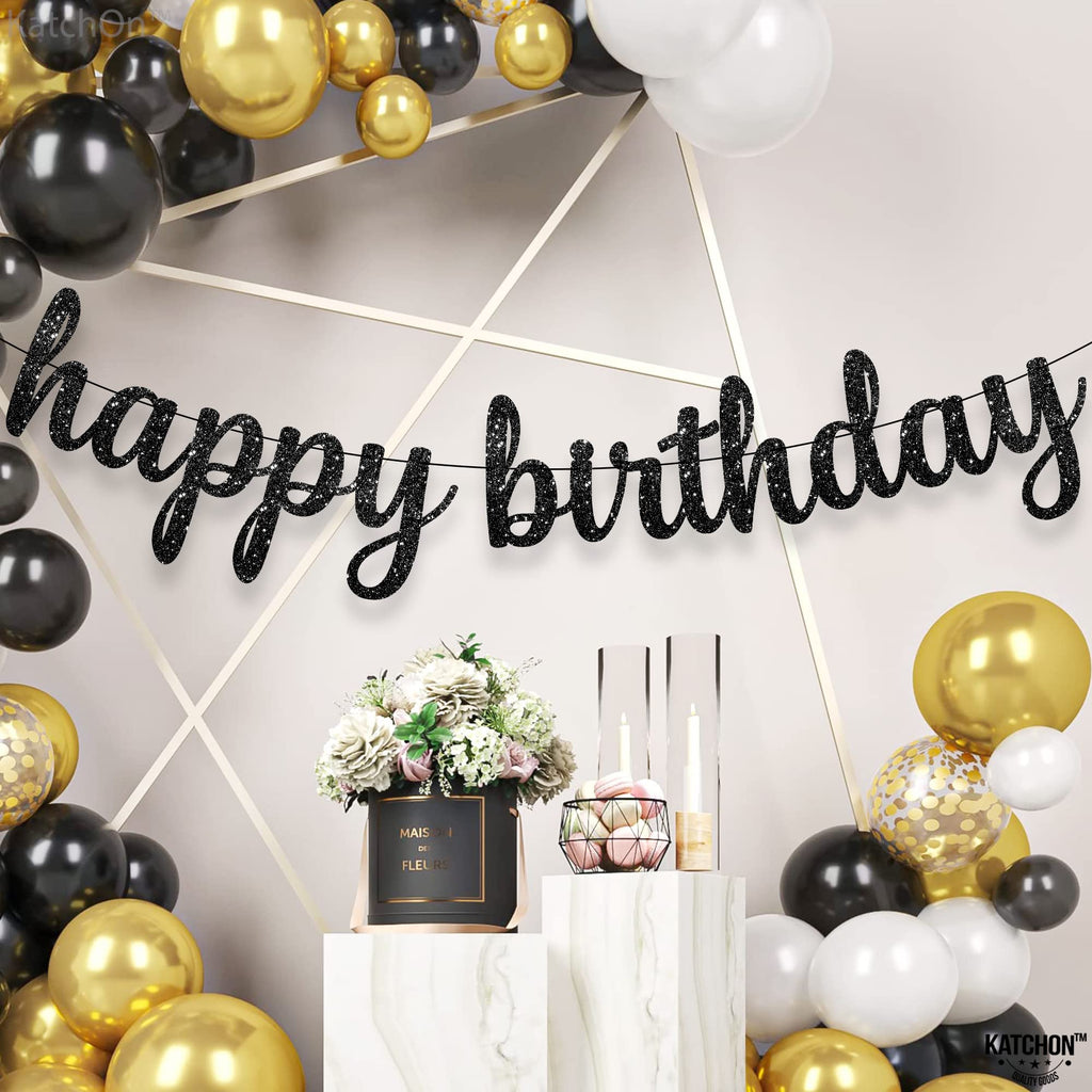 Katchon Glitter Black Happy Birthday Banner - 10 Feet, No Diy | Black Birthday Banner | Black Birthday Decorations | Happy Birth