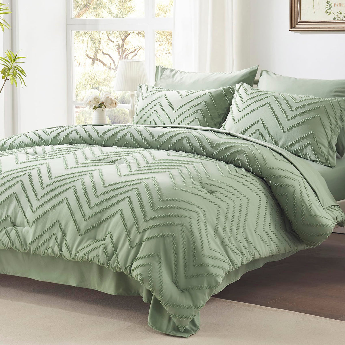 Anluoer Full Comforter Set, Sage Green, 7 Pieces With Sheets, All Season Bedding, Extra Cozy Down Alternative, Machine Washable