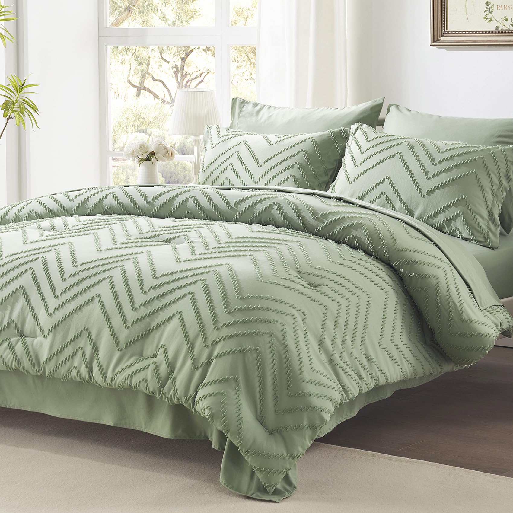 Anluoer Queen Comforter Set, Sage Green Tufted Bed In A Bag 7 Pieces With Comforters And Sheets, All Season Bedding Sets With 1