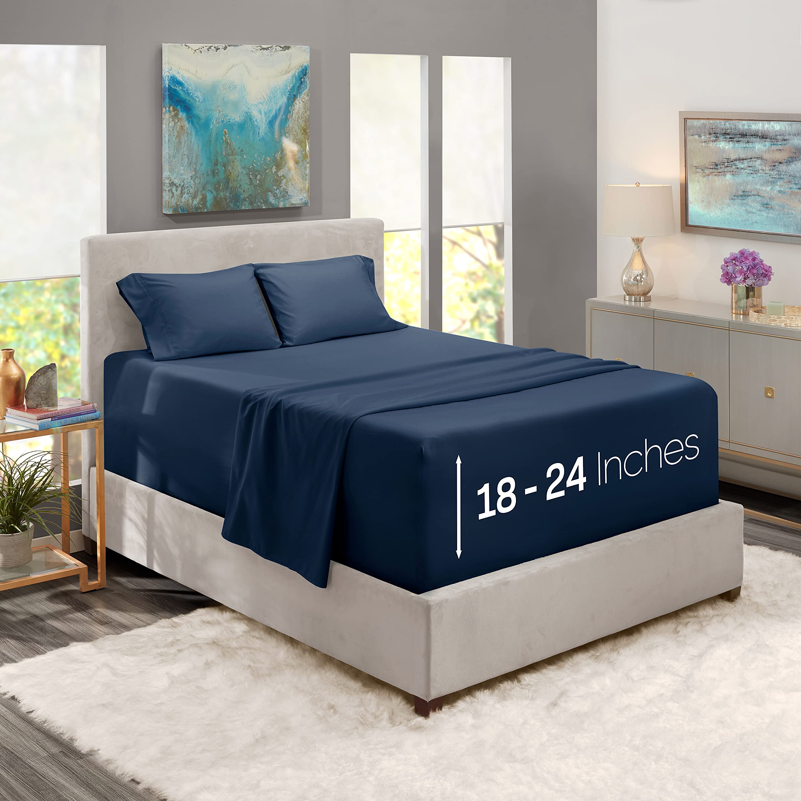 Nestl Extra Deep Pocket Sheets - Fits Mattress 18-24 Inches Deep, Extra Deep Pocket Twin Sheets Sets, 4 Piece Twin Size Sheets, Twin Sheets Deep Pocket, Navy Blue Sheets