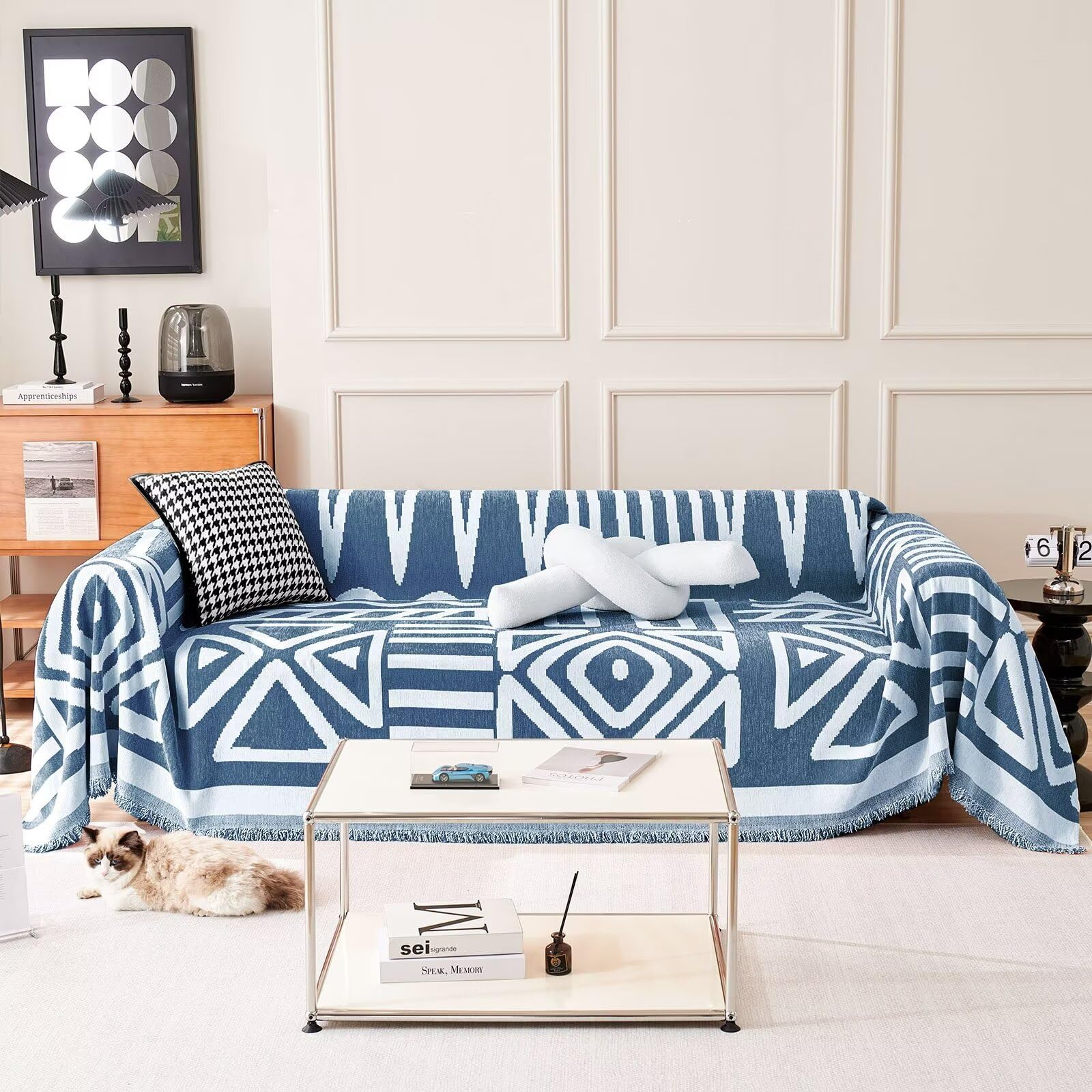 Vclife Soft Chenille Sofa Cover Boho Style Dark Blue White Triangle Plaid Geometry Jacquard Sofa Covers Anti Slip Washable Couch