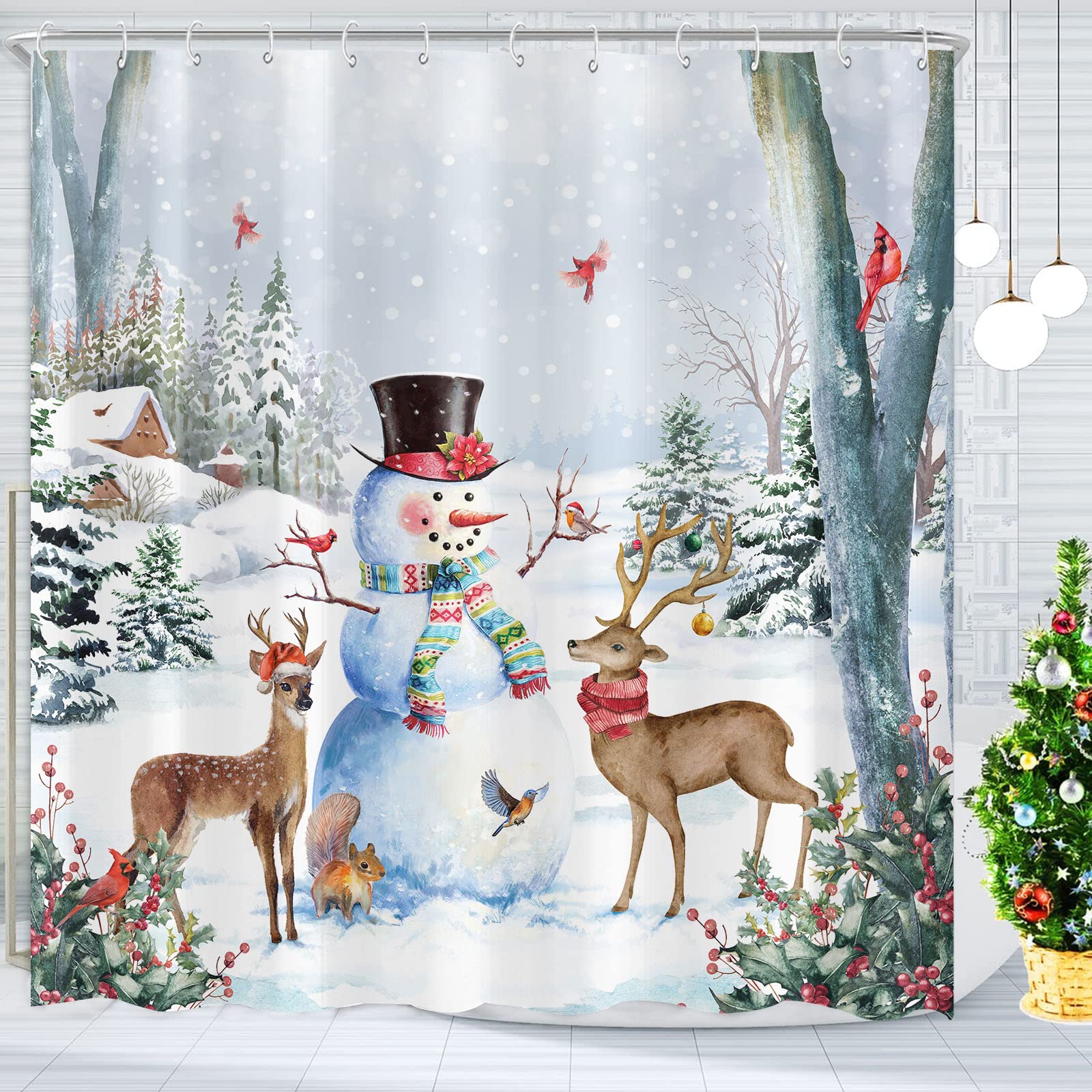 Zussun Christmas Snowman Shower Curtain Set Winter White Snowflake Cute Deer Waterproof Fabric Shower Curtains For Bathroom Snow