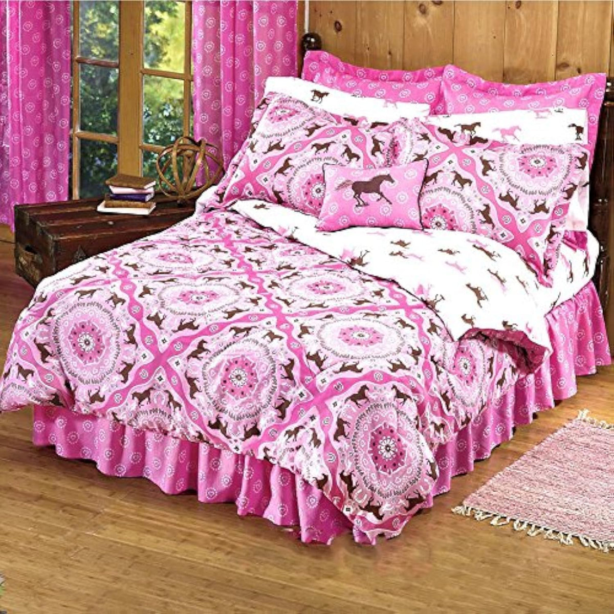 Country Livivng Girls 8 Piece Queen Size(86'X86') Pink Brown Pony Horse Bandana Equestrian Bedding Comforter Set & Sheets (Bed