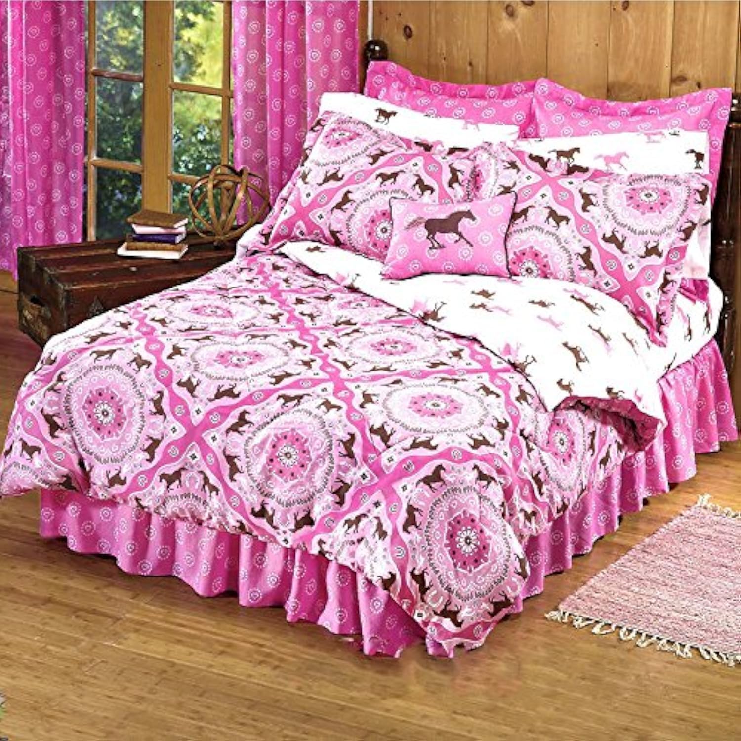 Country Livivng Girls 8 Piece Queen Size(86'X86') Pink Brown Pony Horse Bandana Equestrian Bedding Comforter Set & Sheets (Bed