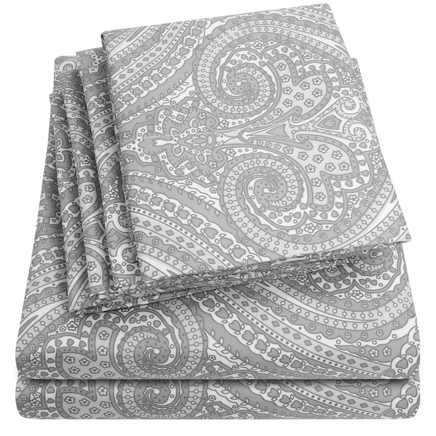 Queen Sheets Paisley Grey - 6 Piece 1500 Supreme Collection Fine Brushed Microfiber Deep Pocket Queen Sheet Set Bedding - 2 Extr