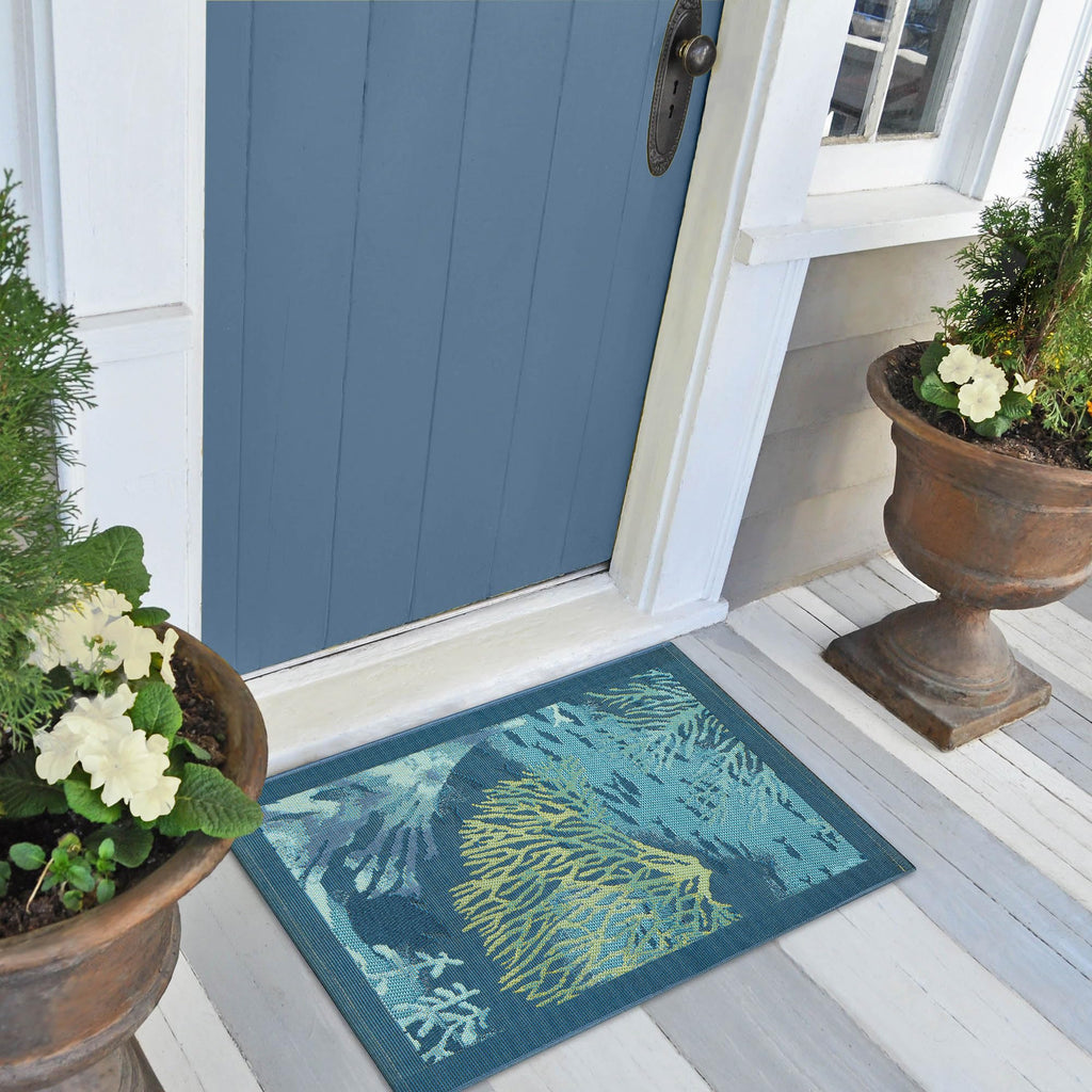 Liora Manne Esencia Machine Washable Non-Slip Low Profile Indoor/Outdoor Mat-Transitional, Abstract, Ocean, Contemporary, Coral Garden Lapis 2'5' X 3'11'