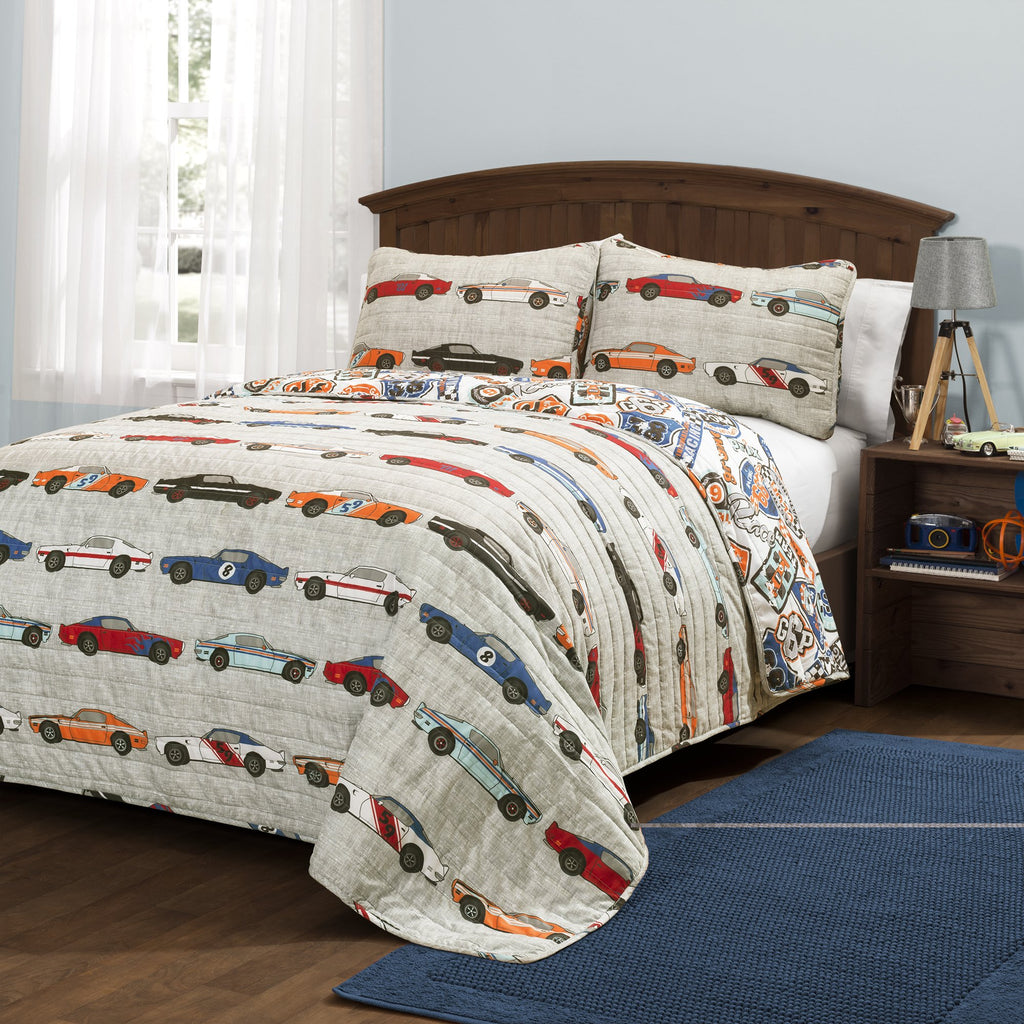 Lush Decor Race Car Kids' 3-Piece Quilt Bed Set, Reversible Bedding Set For Boys, Blue & Orange, Full/Queen