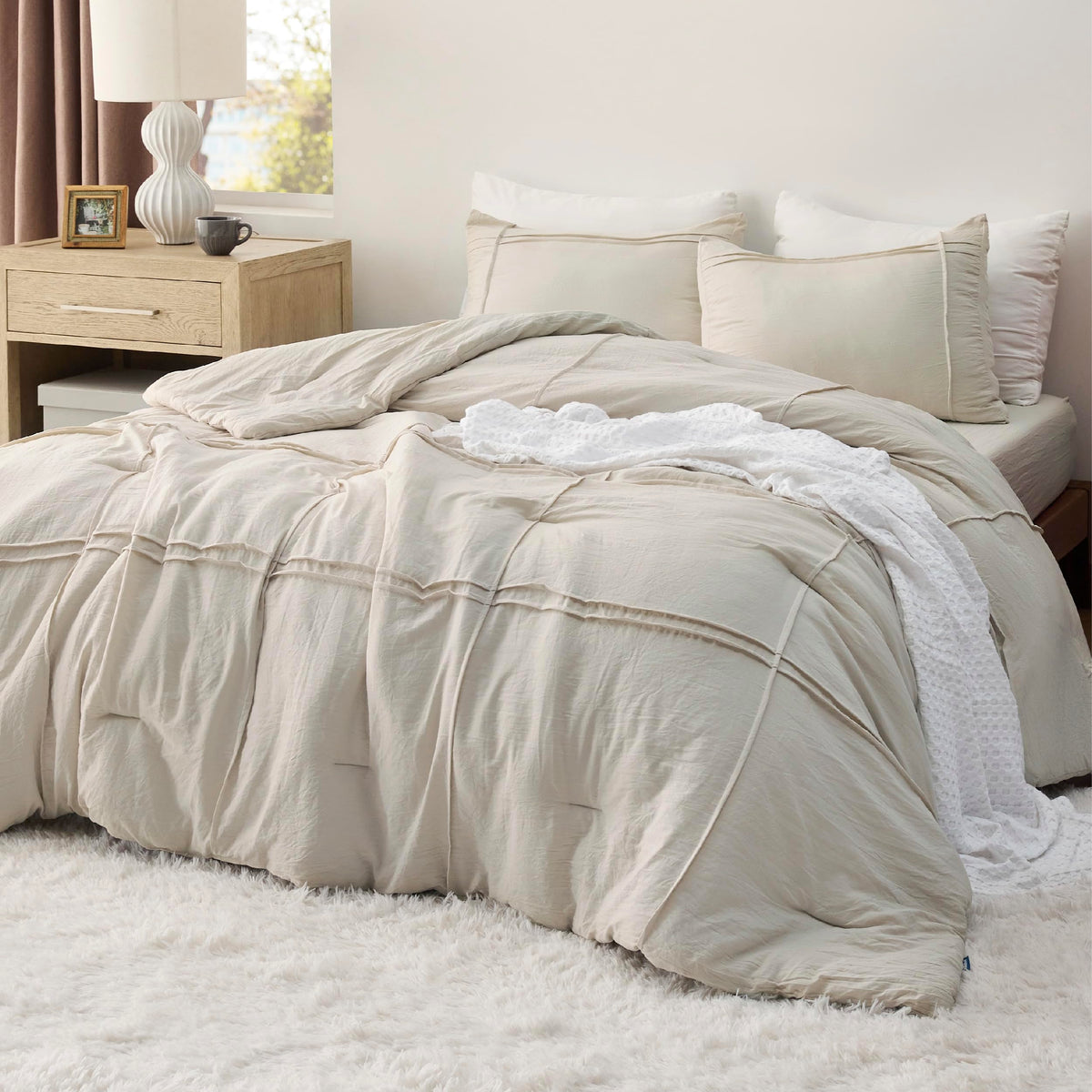 Bedsure Twin Comforter Set With Sheet - 3 Pieces Soft Beige Bedding Sets, Grid Pinch Pleat, All Season Lightweight Fluffy Bed Set With Solid Boho Comforter, Pillowcase & Sheet