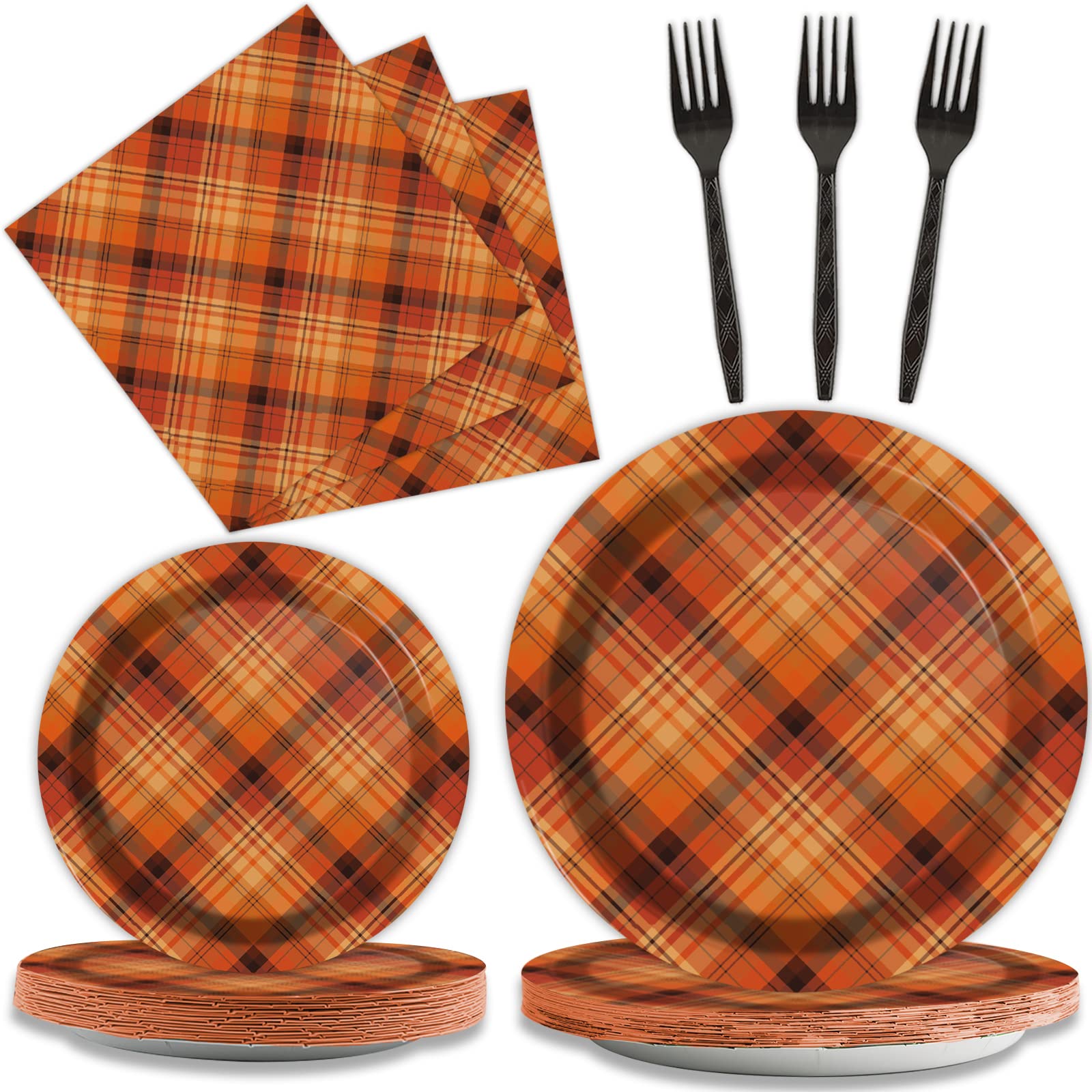 gisgfim 96 Pcs Thanksgiving Fall Orange Plaid Party Supplies Paper Plates Napkins Autumn Party Disposable Tableware Birthday Dec