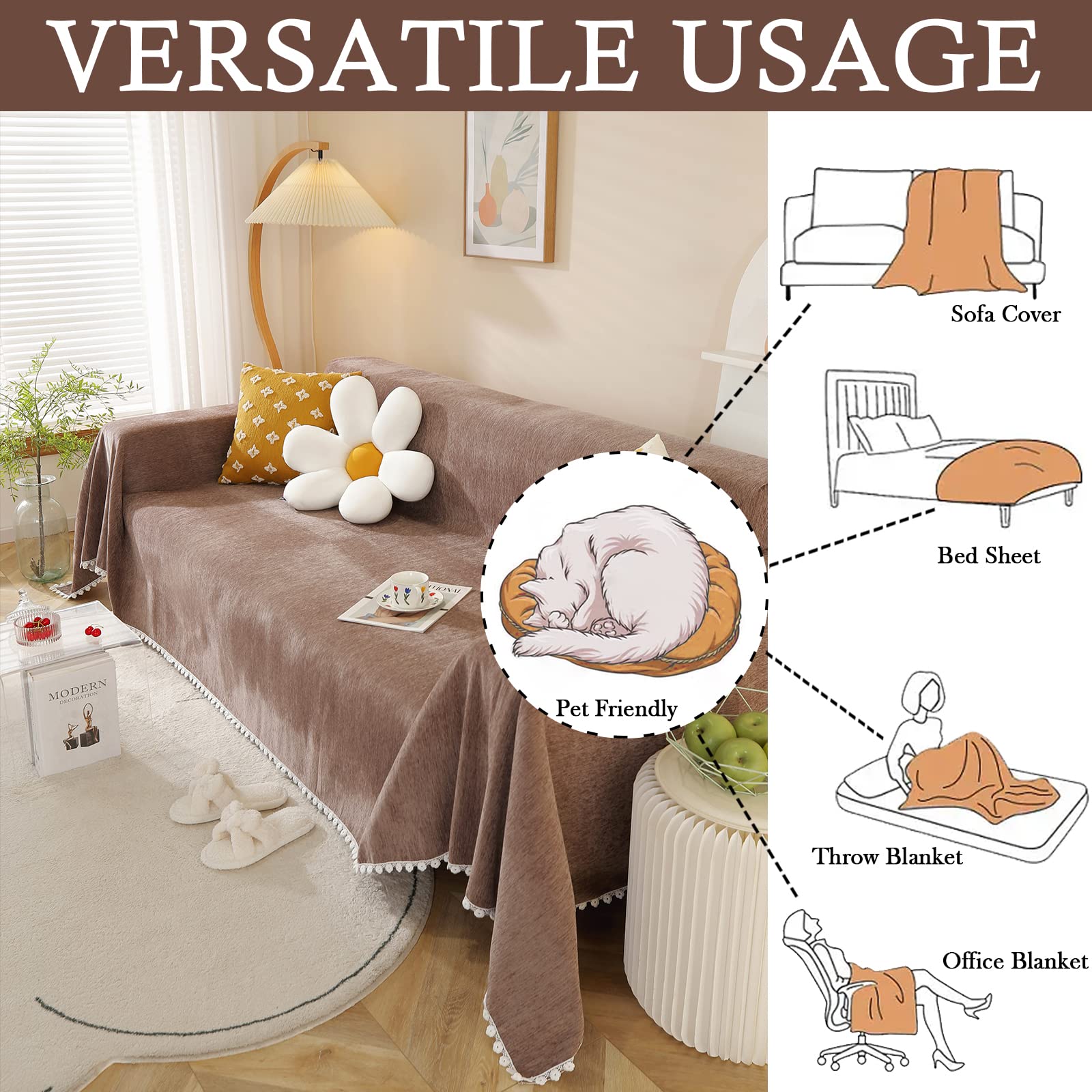 Handontime Brown Sofa Covers Slipcover Simple Couch Cover For Pet Dogs Couch Cushion Covers For L Shape Chocolate Sofa Throw Cover Machine Washable Sectional Couch Covers For Living Room, 71' X118'